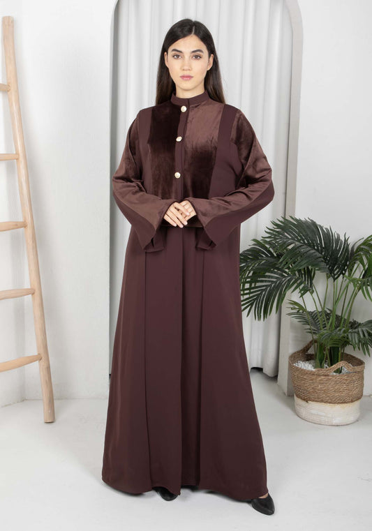 Brown Round Neck Nida and Velvet Abaya with Front Button Detailing