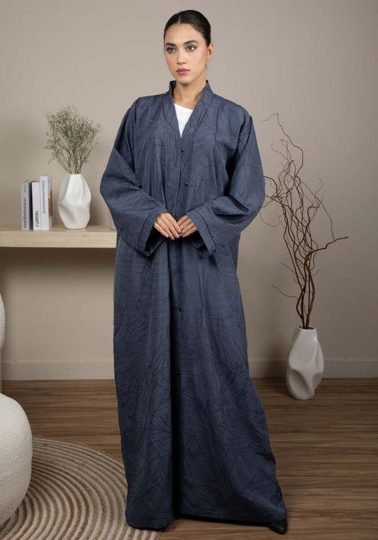 Dark Blue Grey Jacquard Abaya With Black Crushed Lines