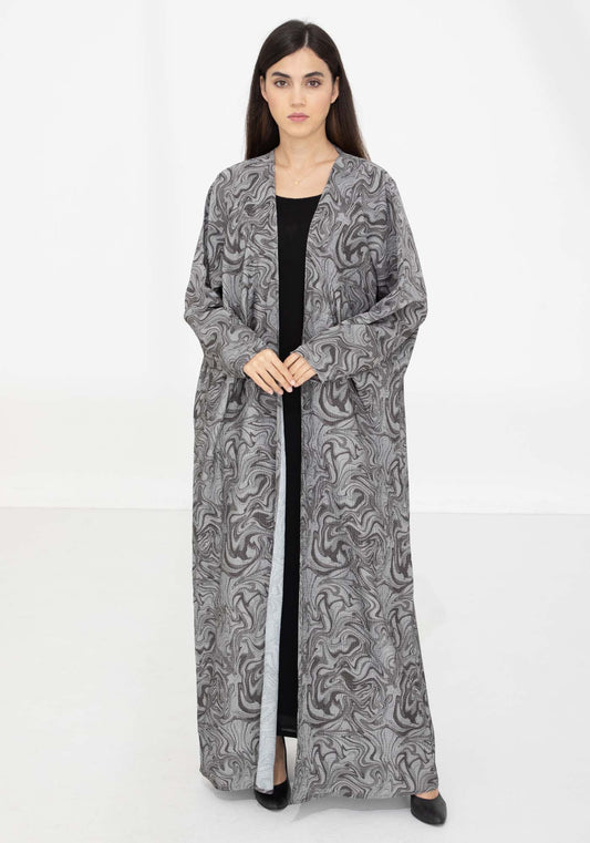 Marble-Printed Grey Pleated Abaya in Soft Fabric with Matching Headscarf