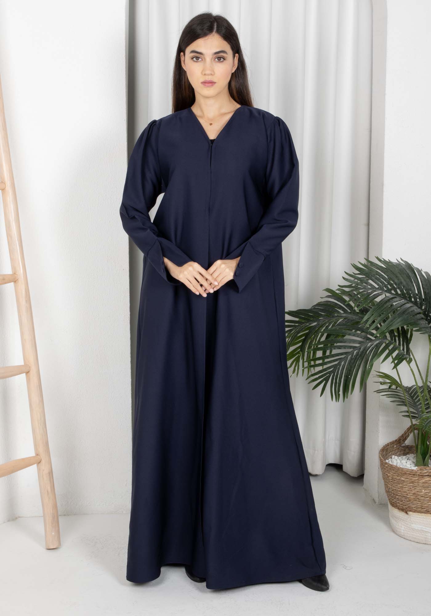 Navy Barbie Crepe Abaya with Open Cuffs and Matching Fabric Buttons