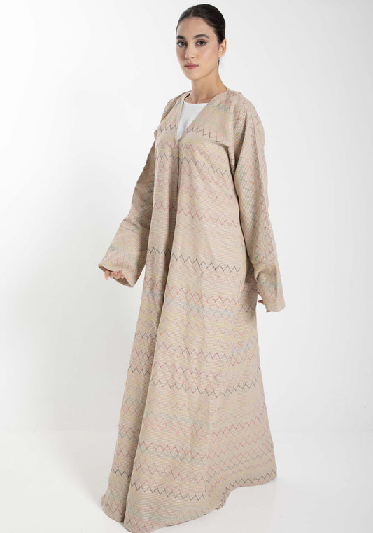 Front Open  Multicolor Thread Linen Beige Abaya