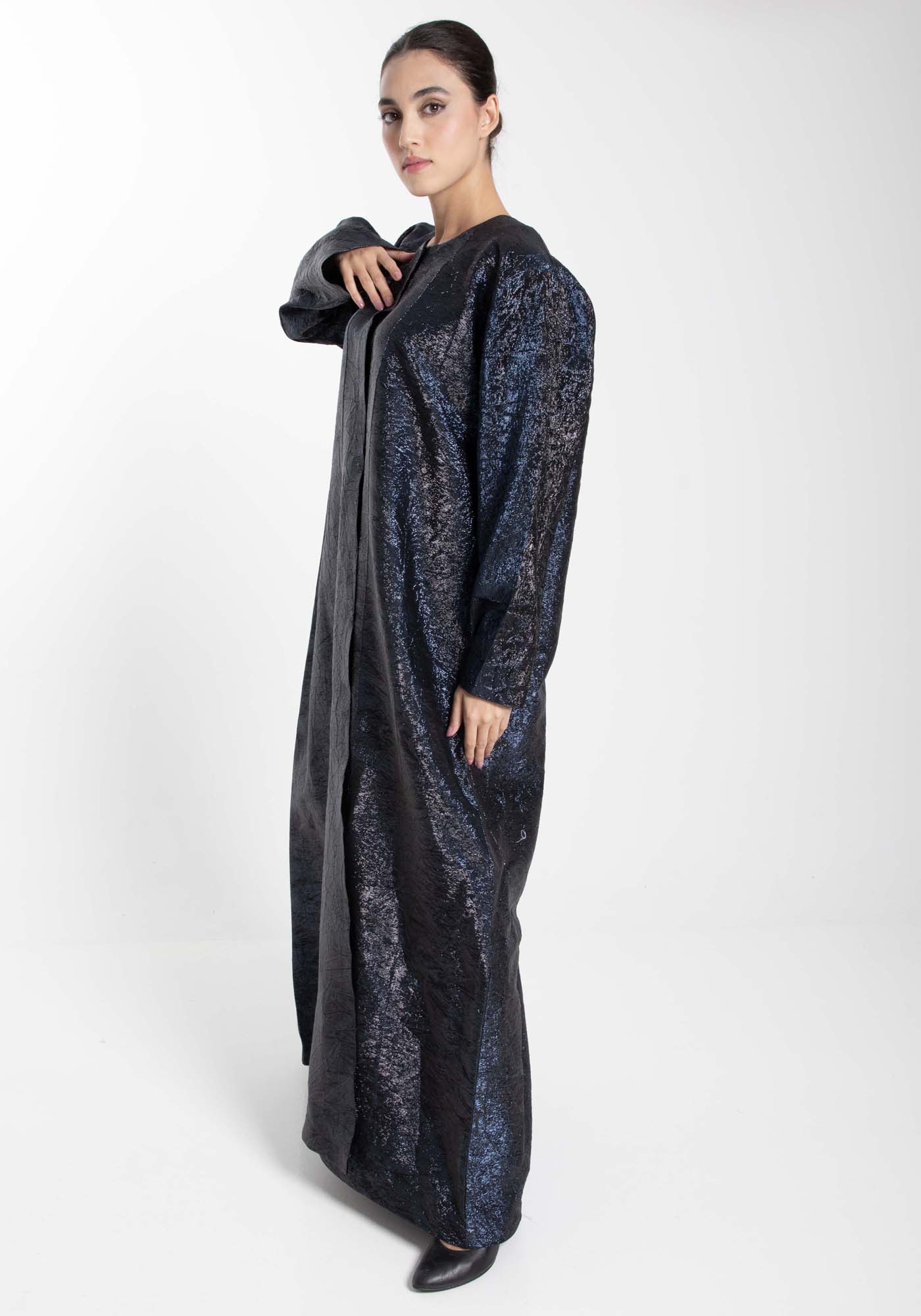 Front Open Black And Blue Shade Jacquard Abaya