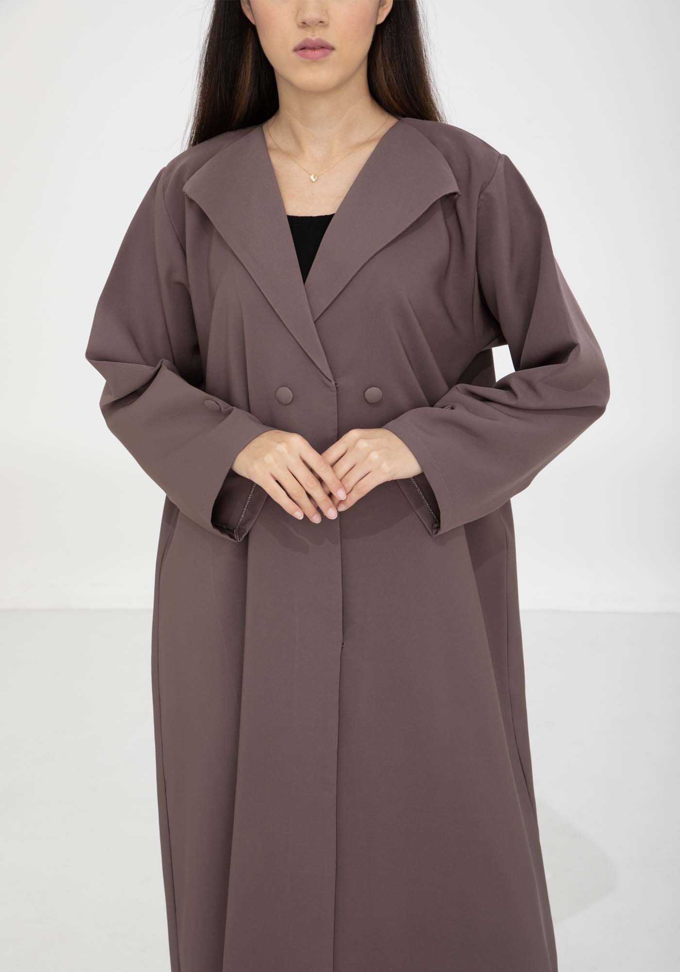 Brown Barbie Crepe Abaya with Lapel Collar and Button Detailing