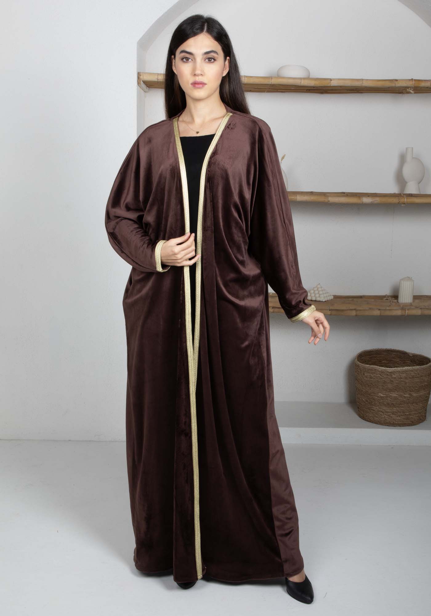 Brown Velvet Abaya with Golden Lace Borders & Matching Headscarf – Perfect for Winter