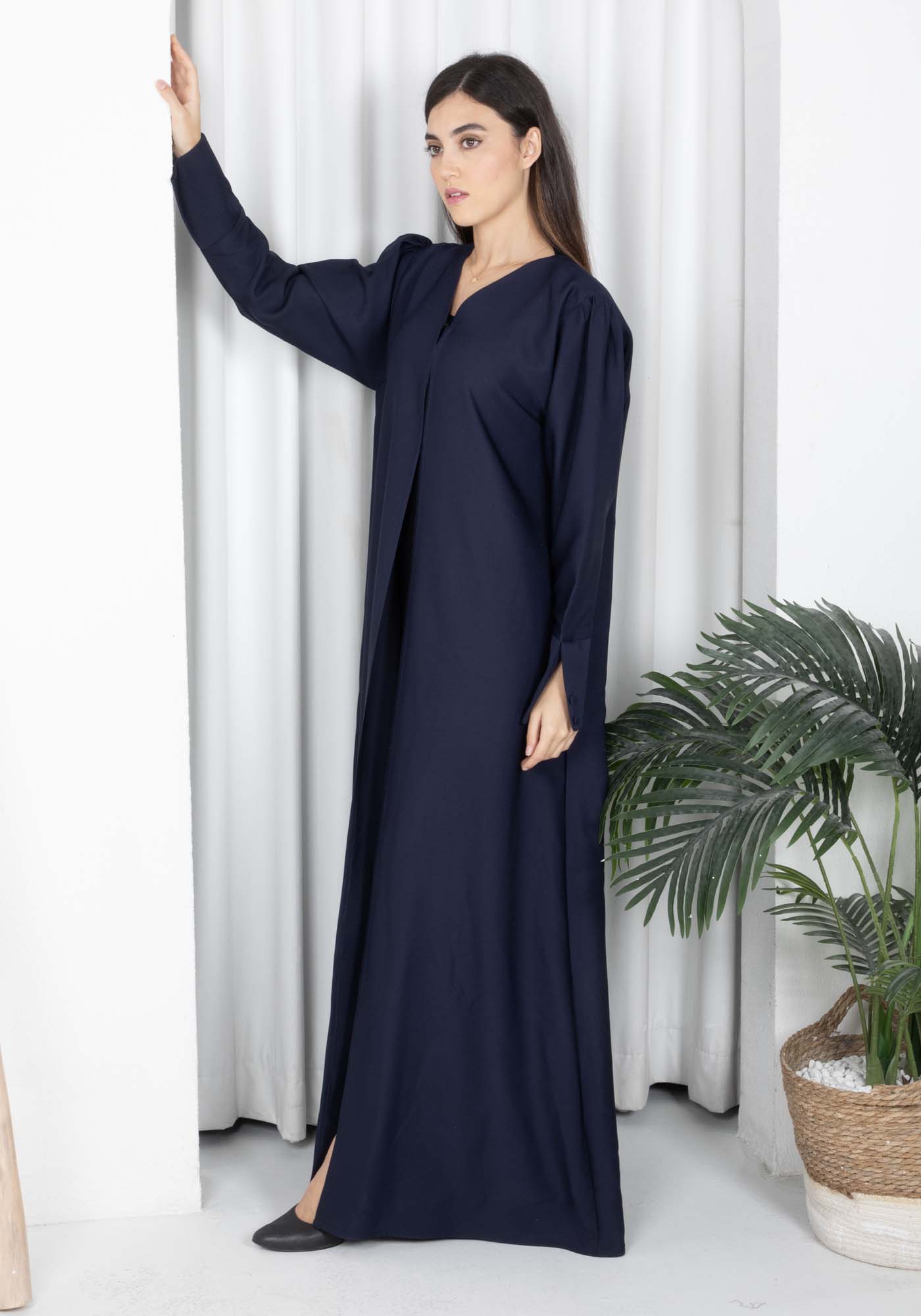 Navy Barbie Crepe Abaya with Open Cuffs and Matching Fabric Buttons