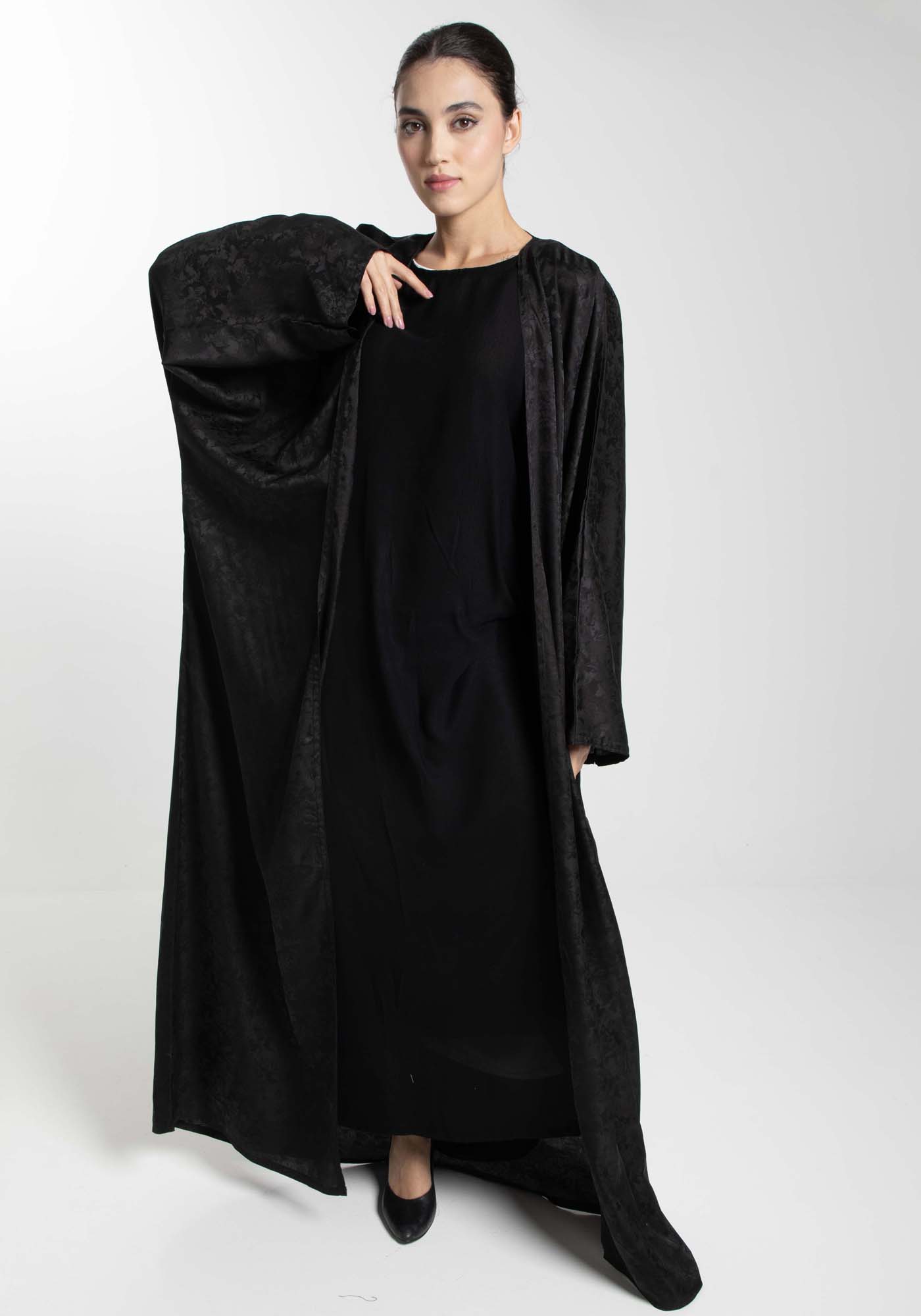 Front Open Black Fukhroo Self Design Abaya