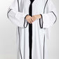 Elegant Front Open White Nida Abaya with Black Contrast Piping