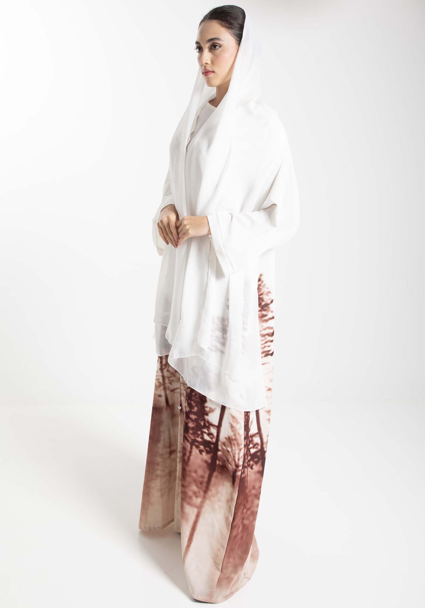 Self-Printed Abaya in White and Brown with Tree Shades