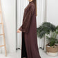 Brown Round Neck Nida and Velvet Abaya with Front Button Detailing