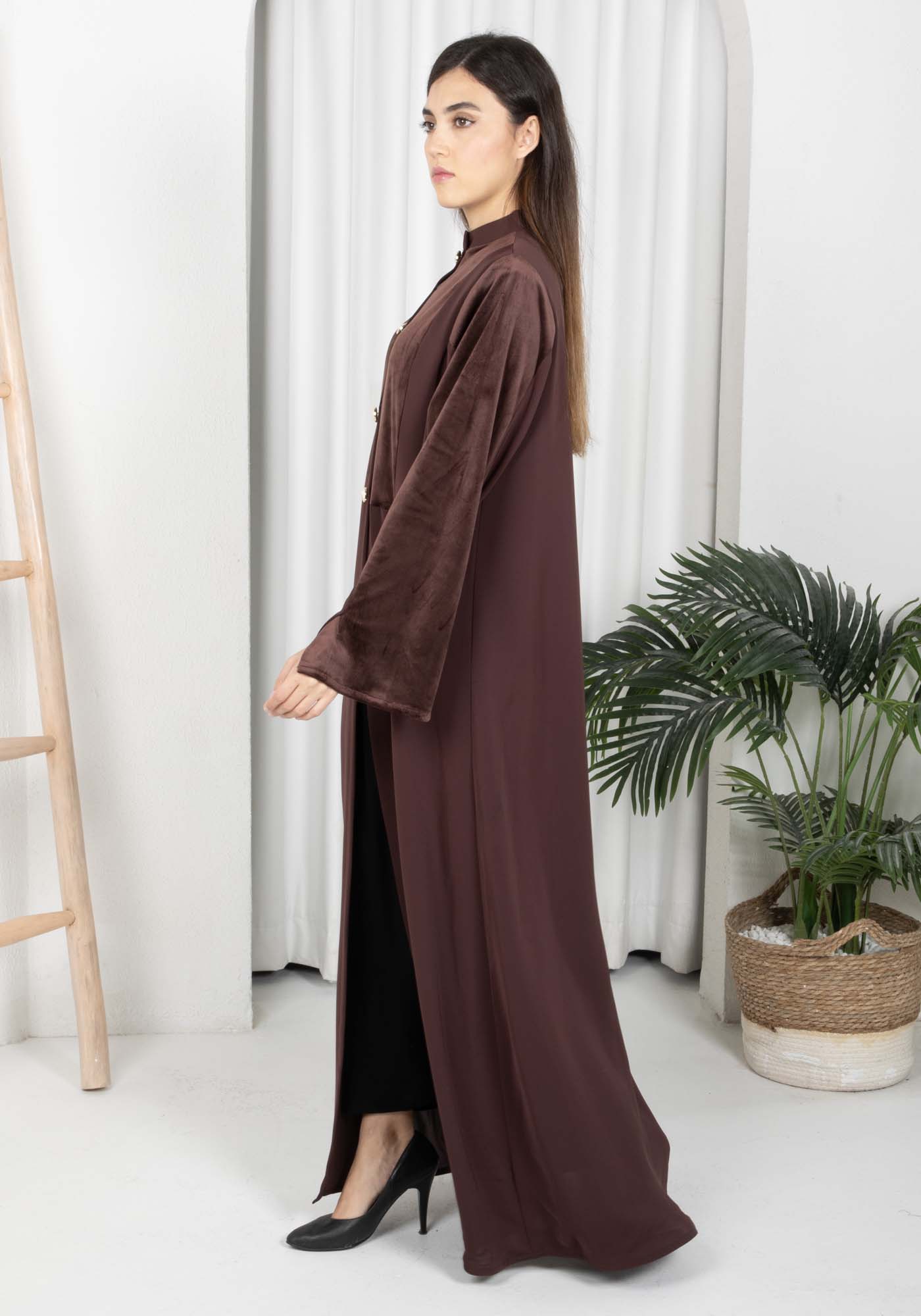 Brown Round Neck Nida and Velvet Abaya with Front Button Detailing