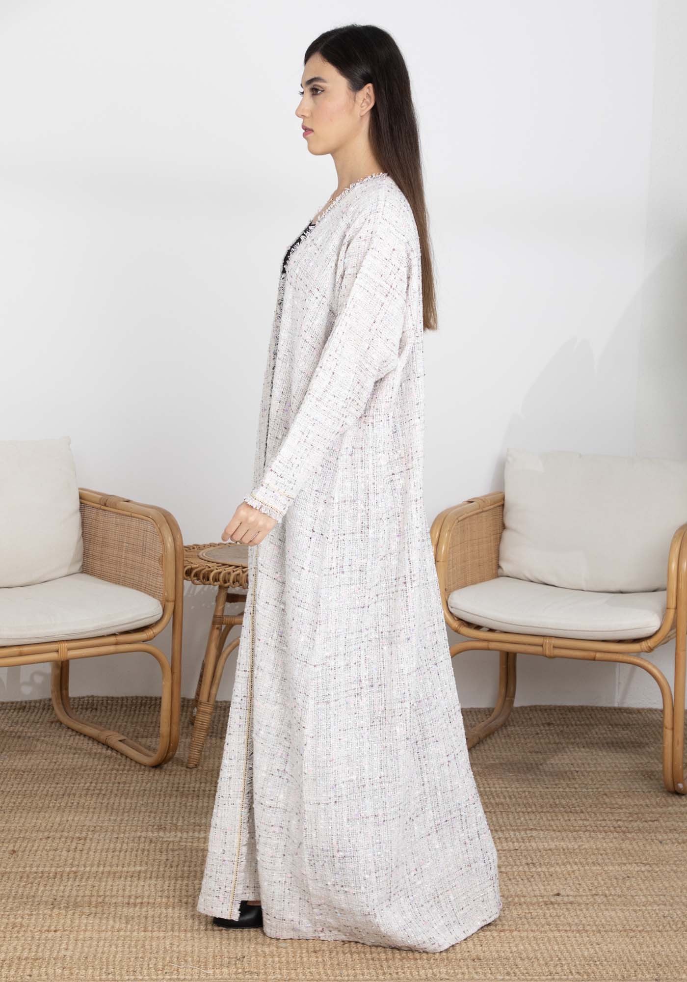 Off-White Winter Tweed Abaya with Multicolor Thread Details with Headscarf