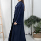 Navy Round Neck Nida and Velvet Abaya with Front Button Detailing