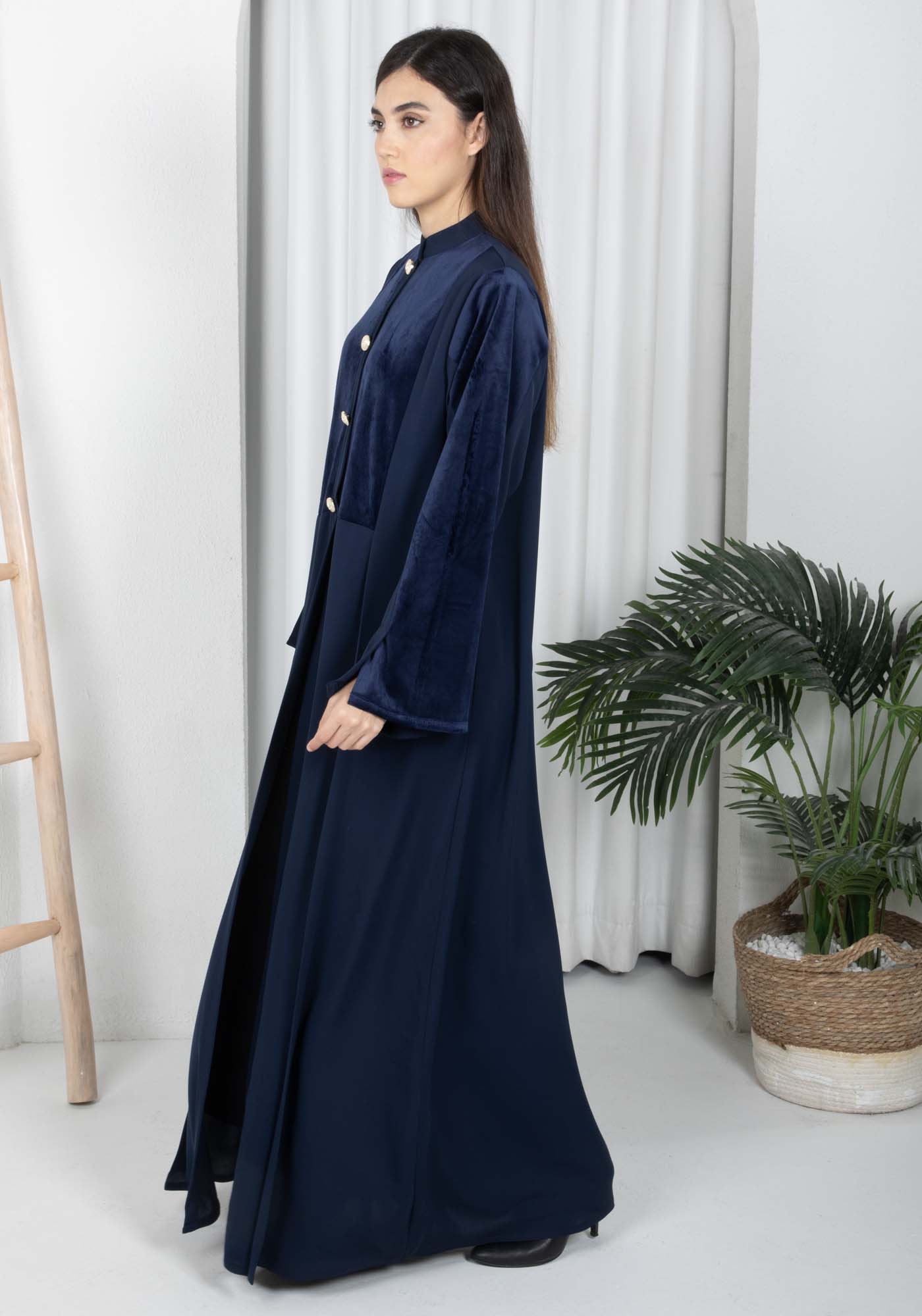 Navy Round Neck Nida and Velvet Abaya with Front Button Detailing