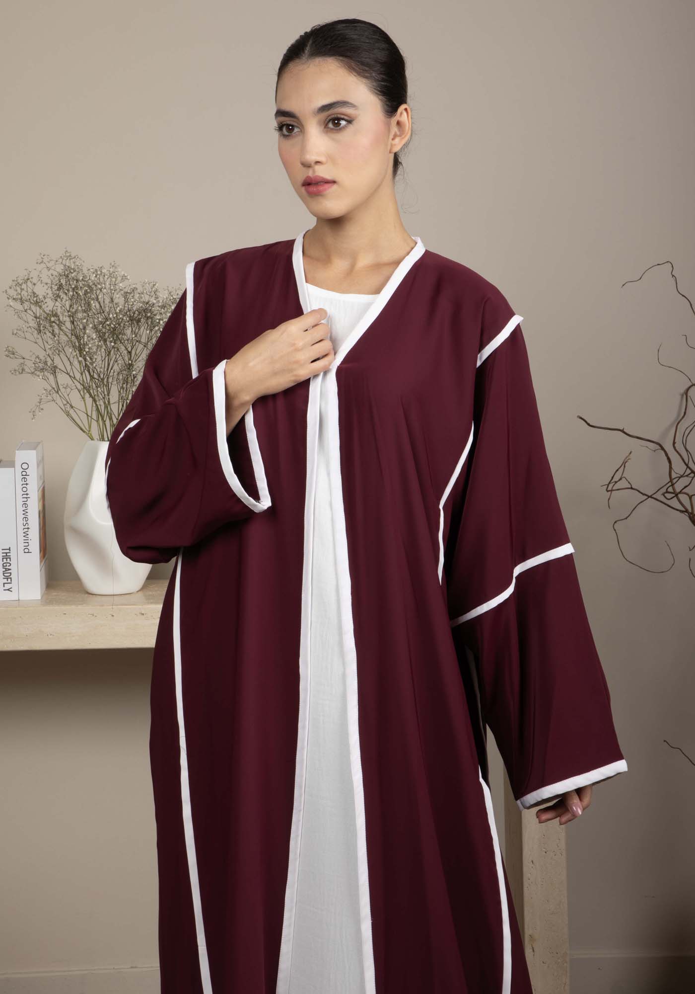 Elegant Front Open Maroon Nida Abaya with White Contrast Piping