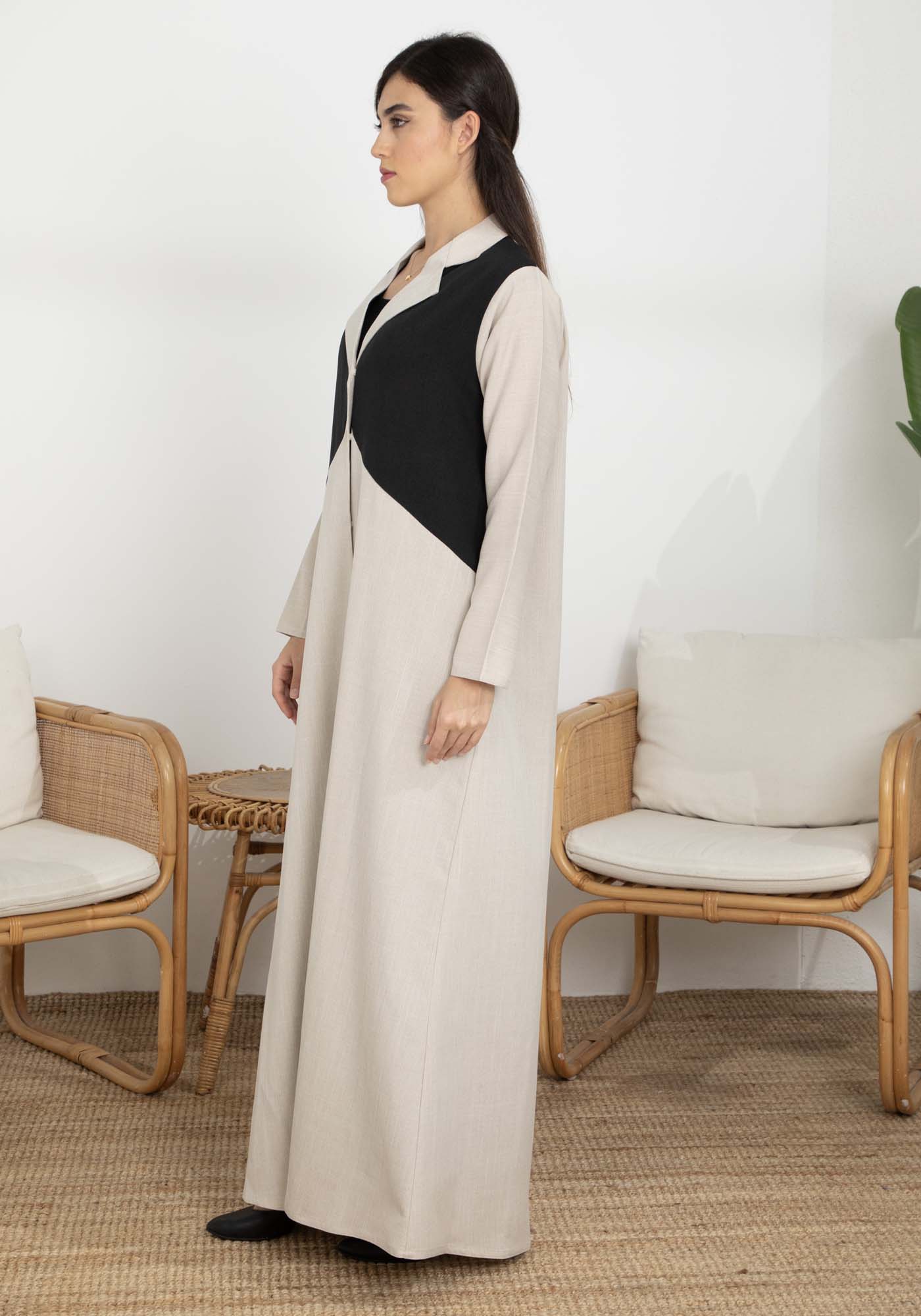 Beige and Black Color Block Lapel Abaya in Mélange Fabric