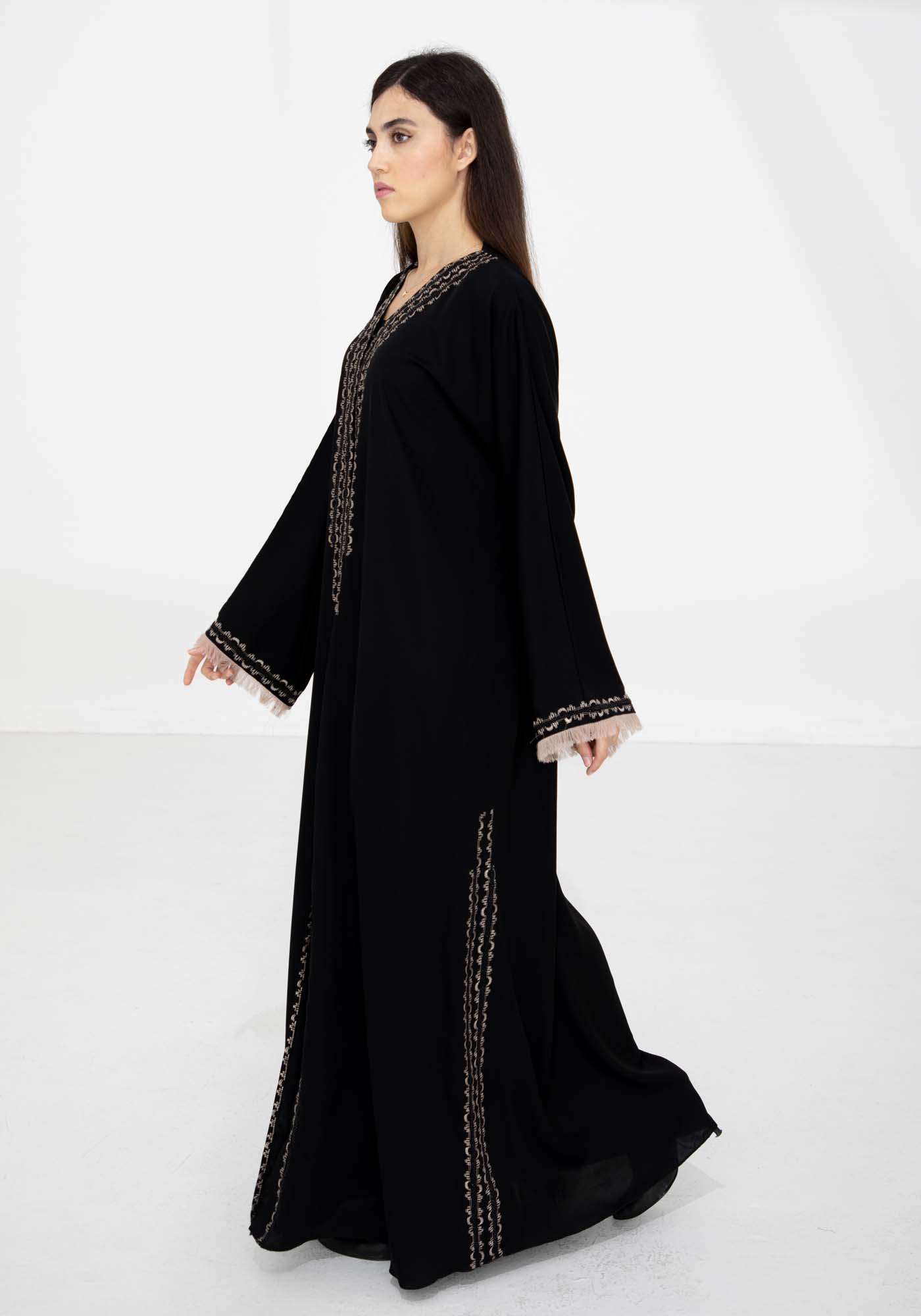 Black Nida Abaya with Contrast Threadwork & Plan Black Headscarf