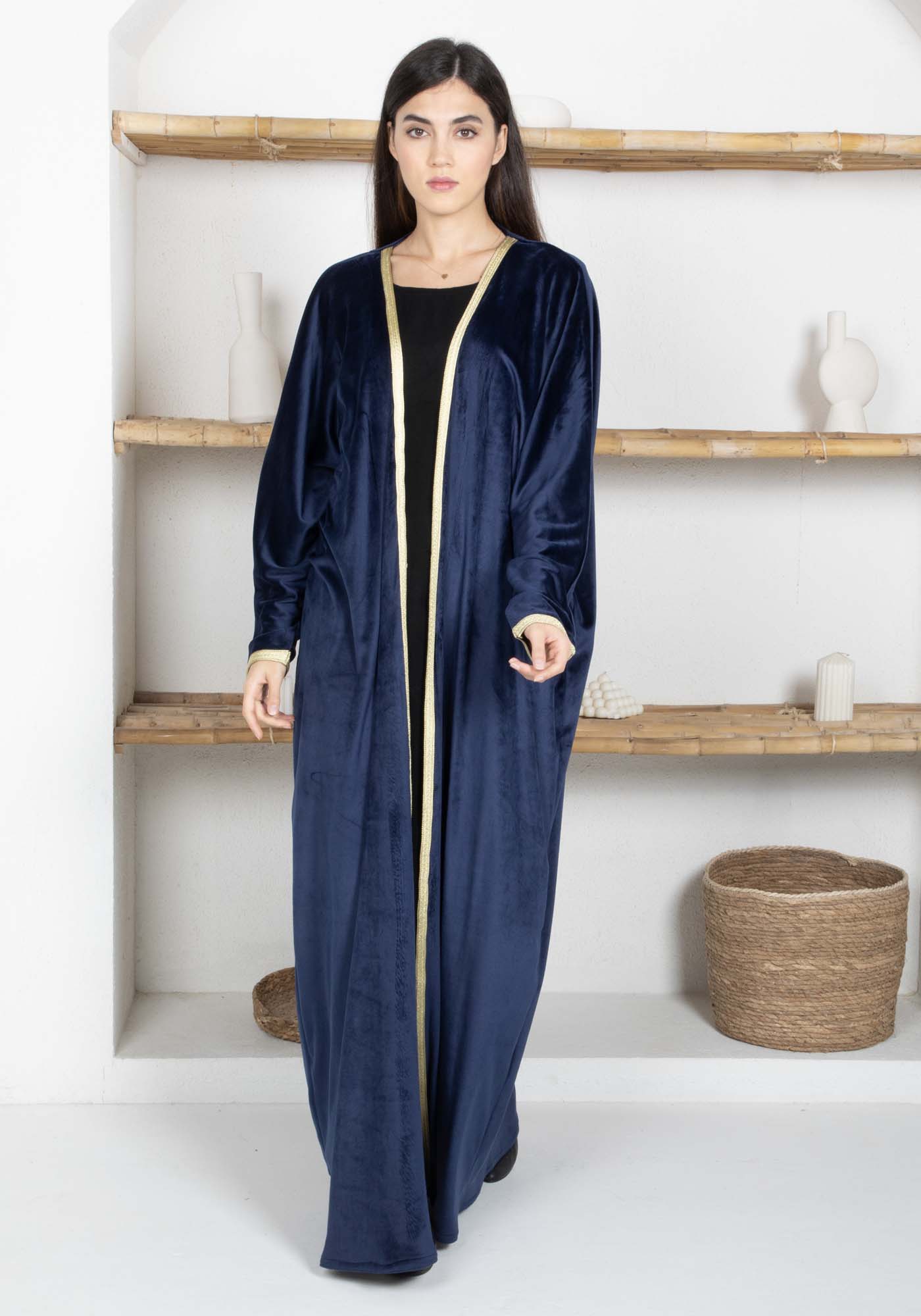 Navy Velvet Abaya with Golden Lace Borders & Matching Headscarf – Perfect for Winter