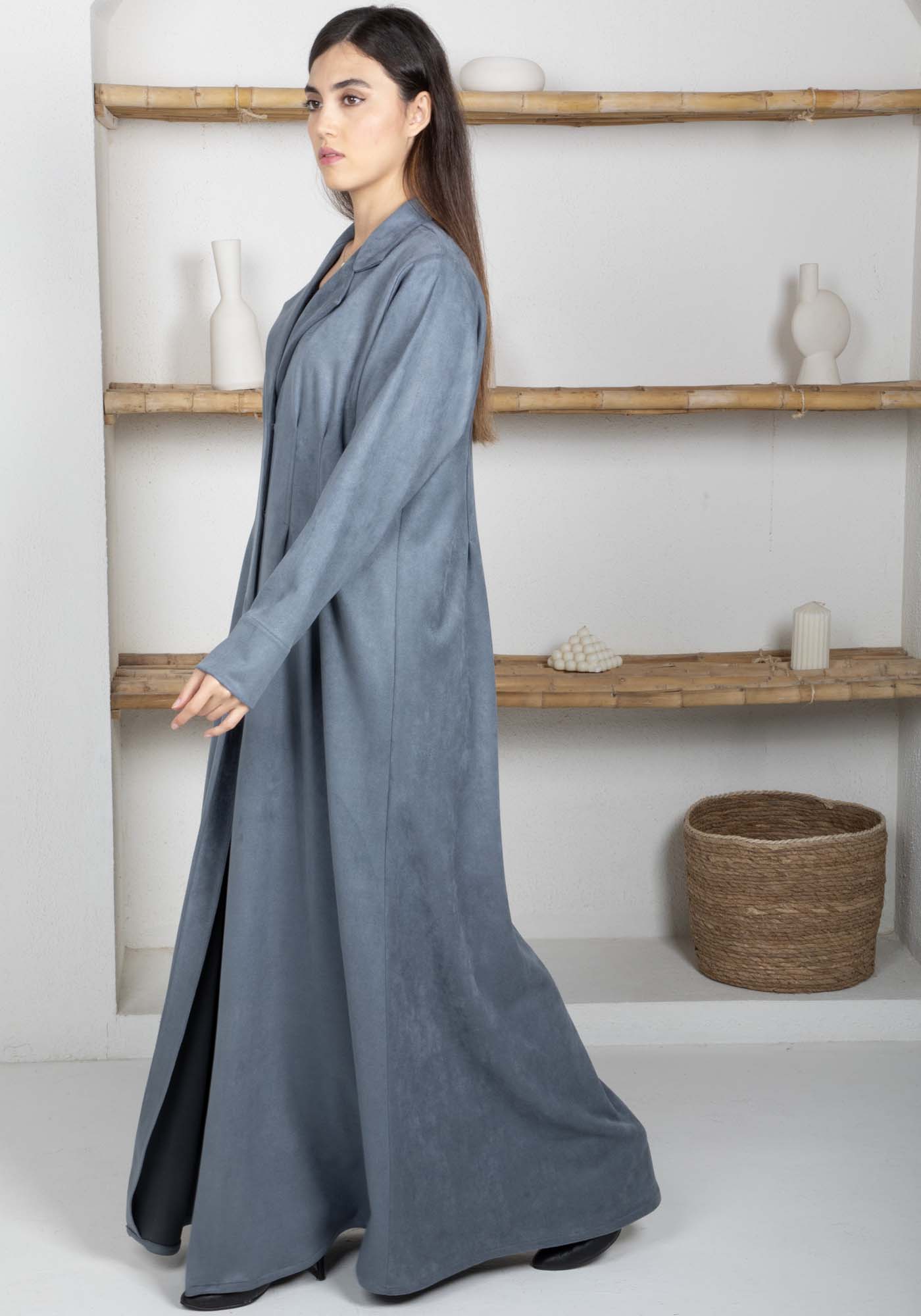 Grey Suede Lapel Collar Abaya – Soft, Elegant, and Perfect for Winter