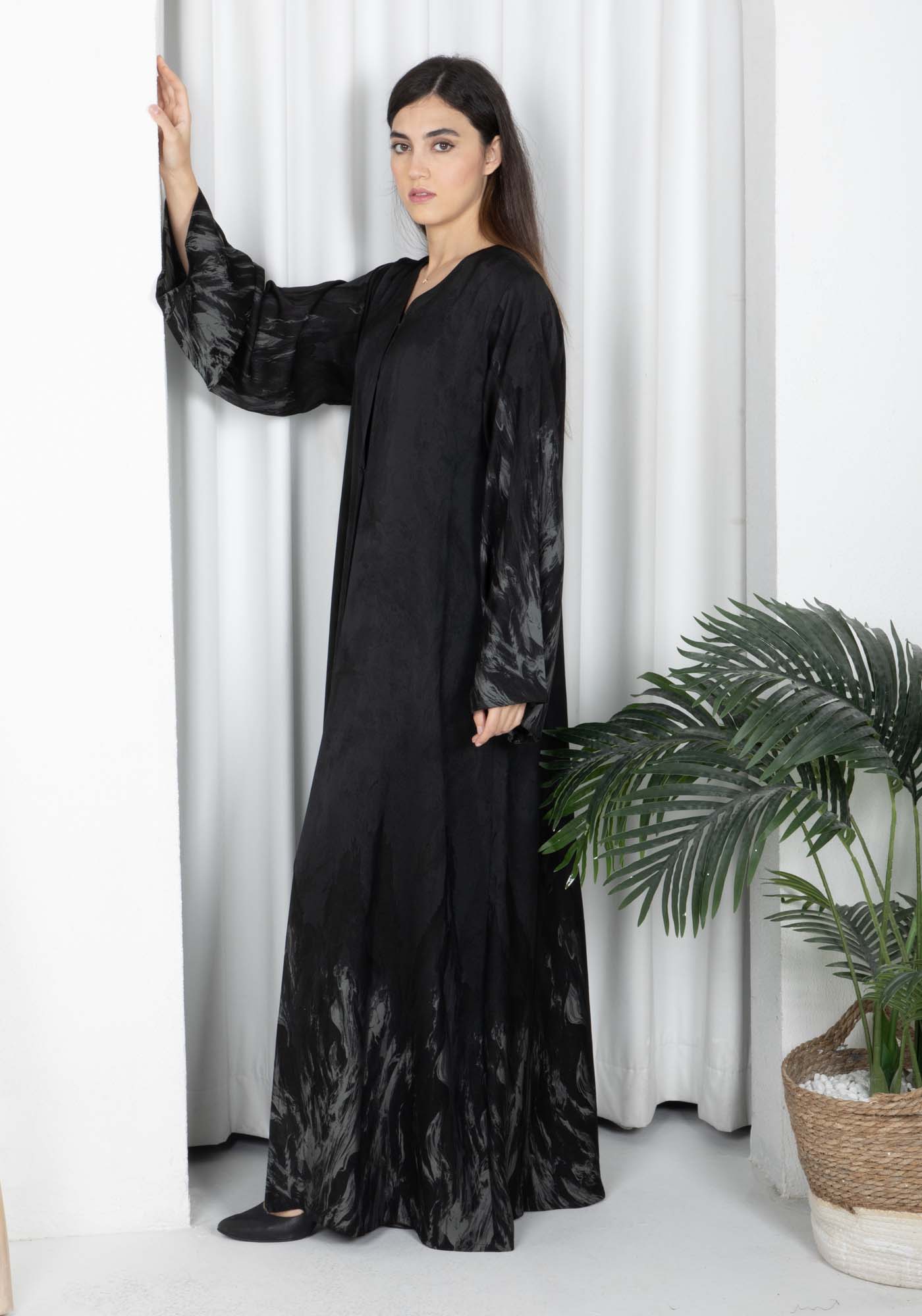 Black Self-Print Abaya with Sheila