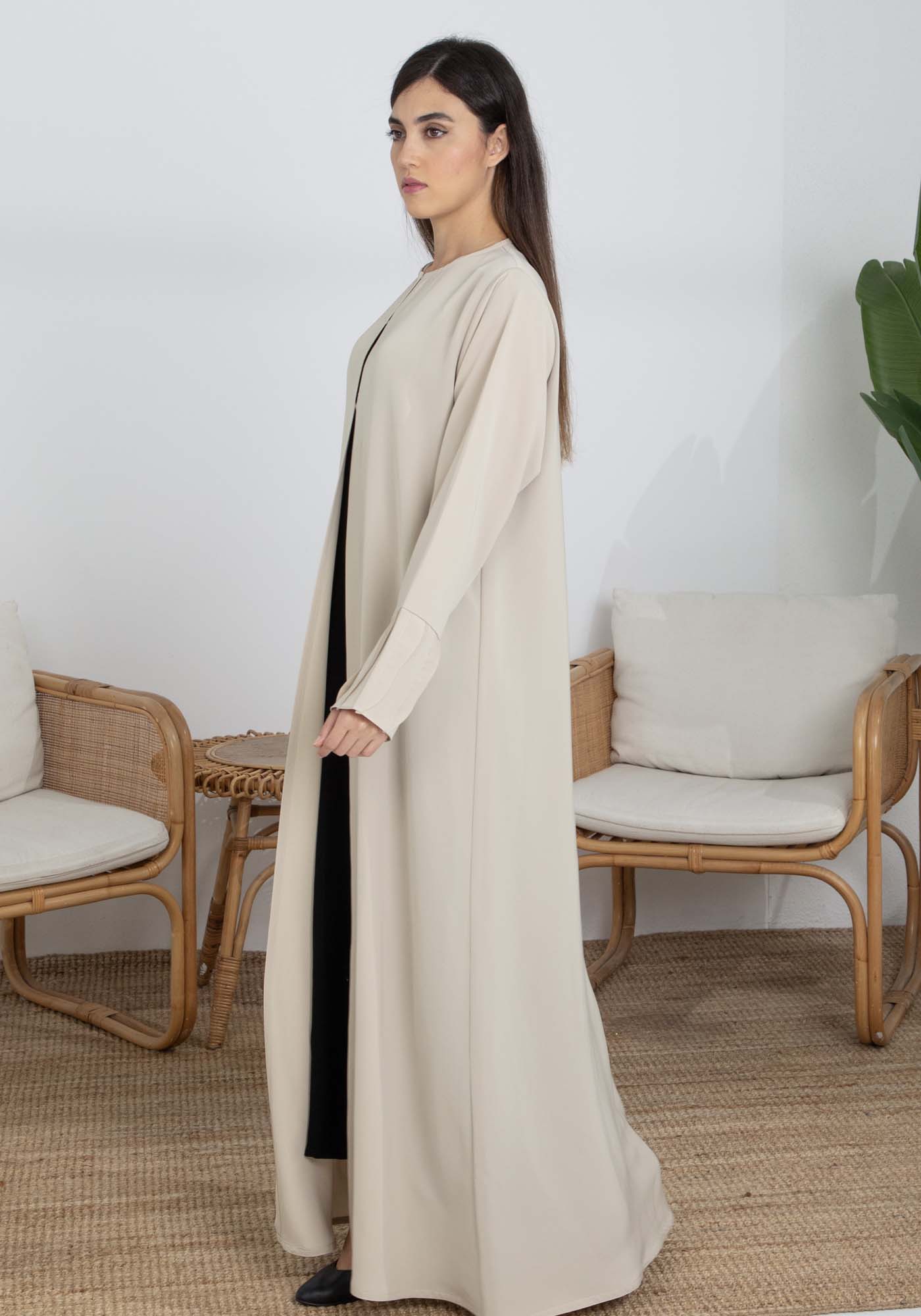 Beige Korean Nida Abaya with Frilled Cuffs