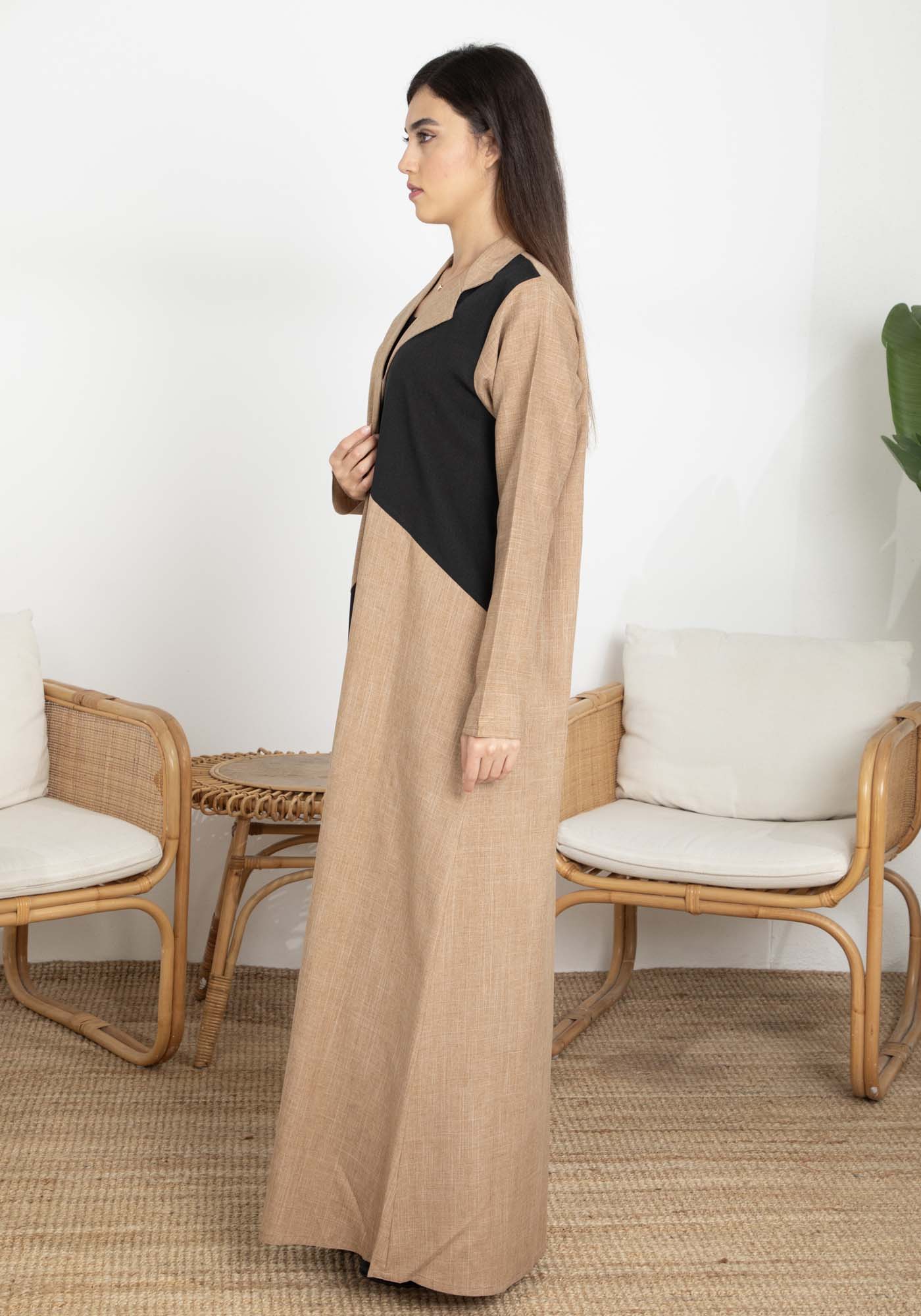 Brown and Black Color Block Lapel Abaya in Mélange Fabric