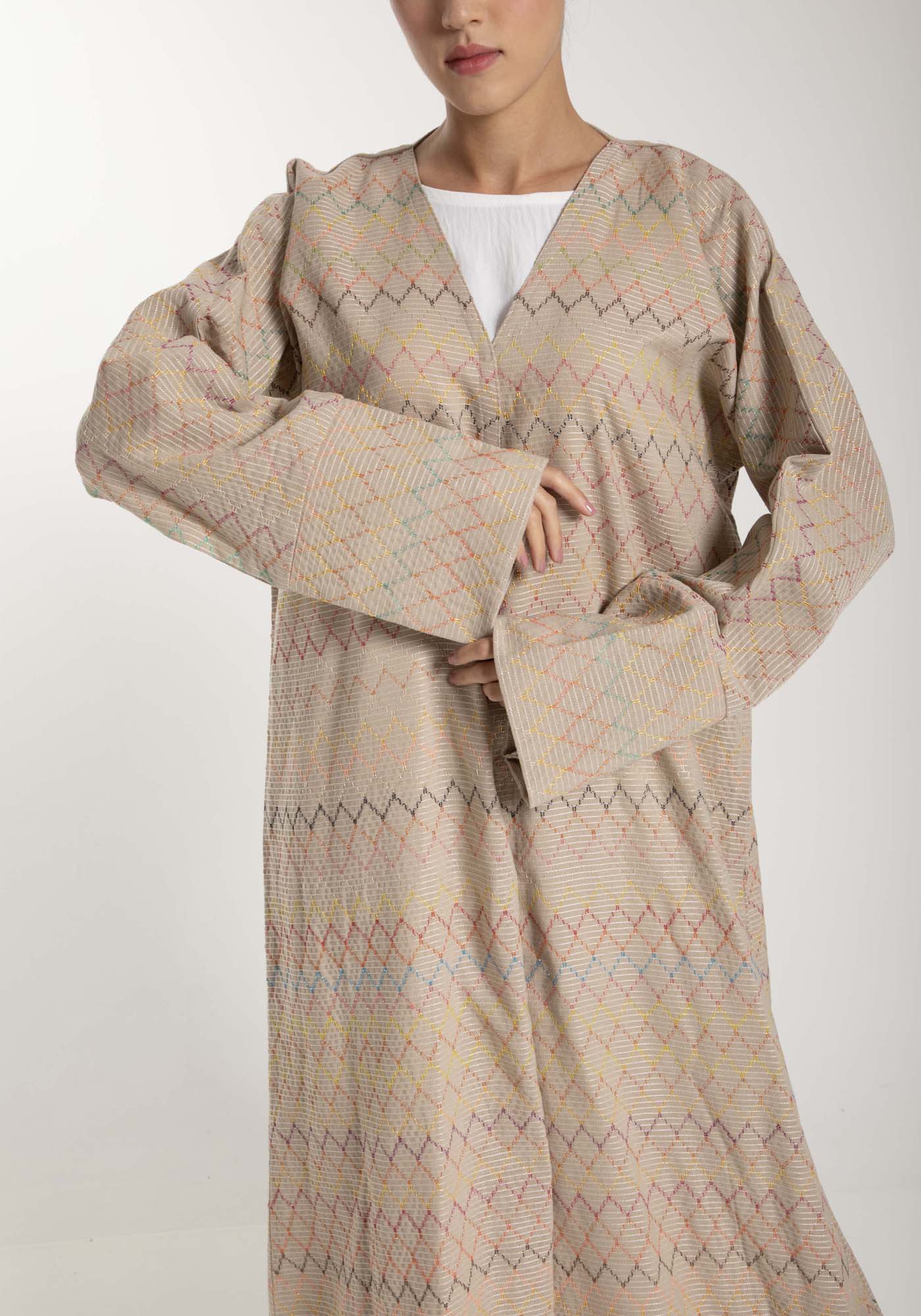 Front Open  Multicolor Thread Linen Beige Abaya