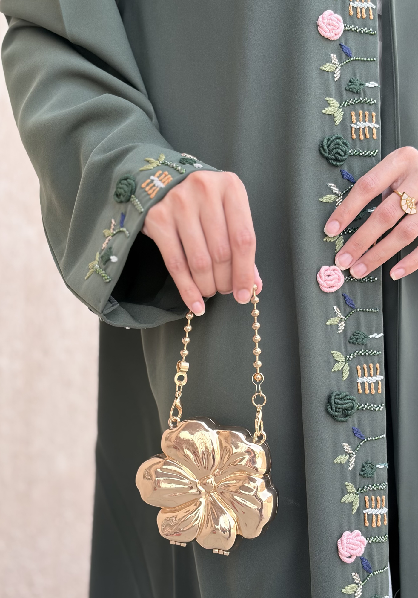 Hand-Embroidered Green Barbie Crepe Abaya with Headscarf | Made in UAE