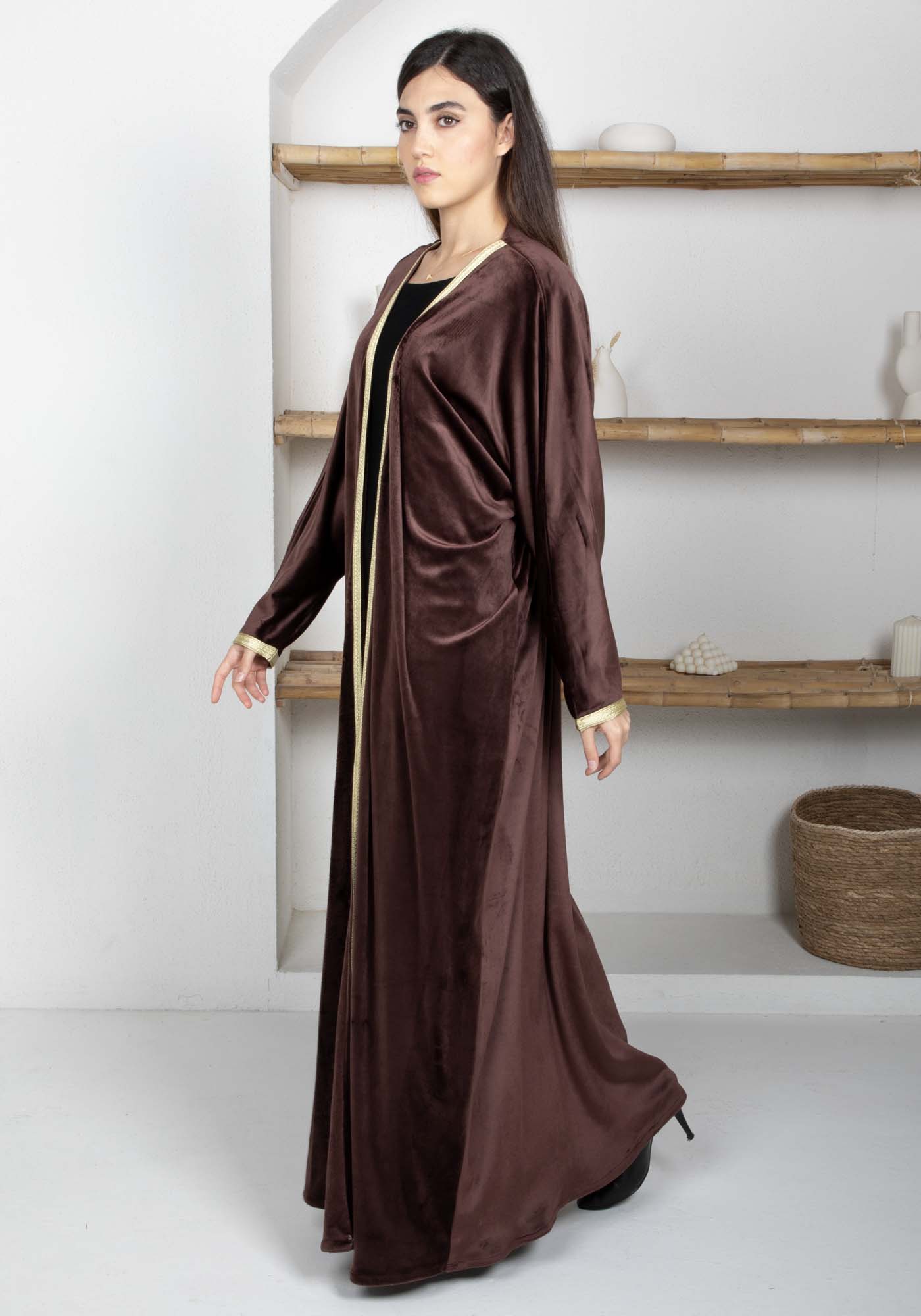 Brown Velvet Abaya with Golden Lace Borders & Matching Headscarf – Perfect for Winter