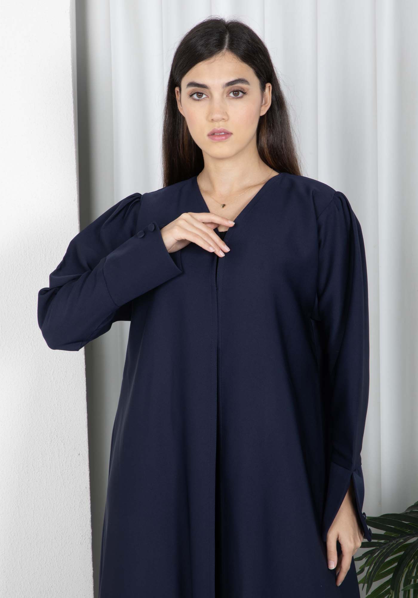 Navy Barbie Crepe Abaya with Open Cuffs and Matching Fabric Buttons