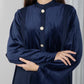 Navy Round Neck Nida and Velvet Abaya with Front Button Detailing