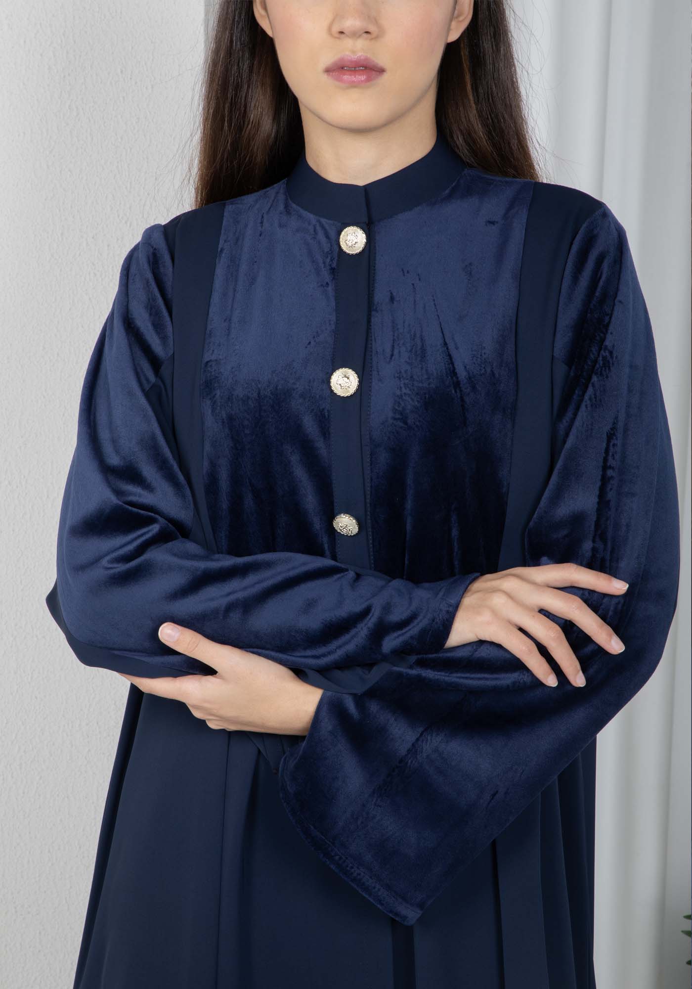 Navy Round Neck Nida and Velvet Abaya with Front Button Detailing