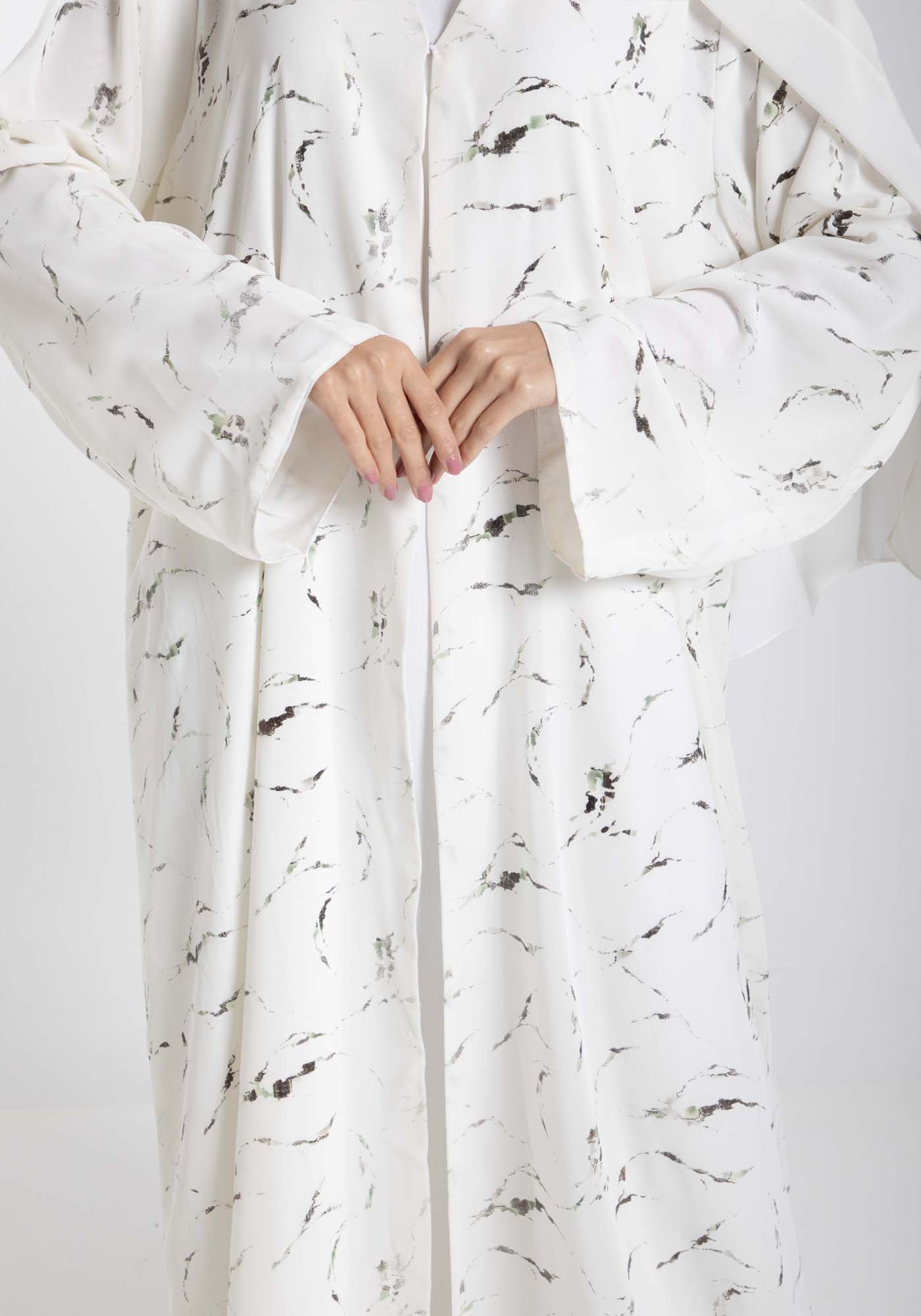 Minimalist Printed Chiffon White Abaya with Matching Headscarf