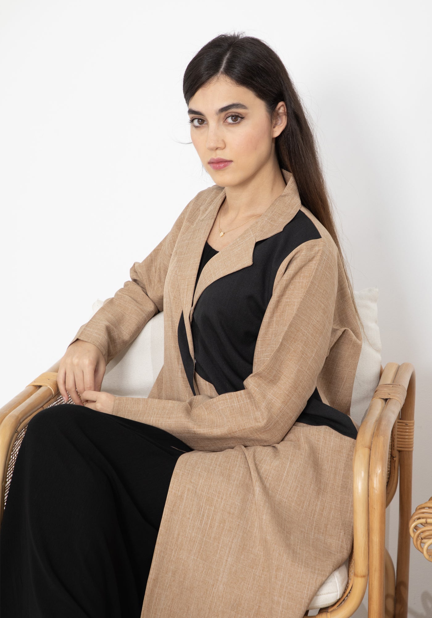 Brown and Black Color Block Lapel Abaya in Mélange Fabric