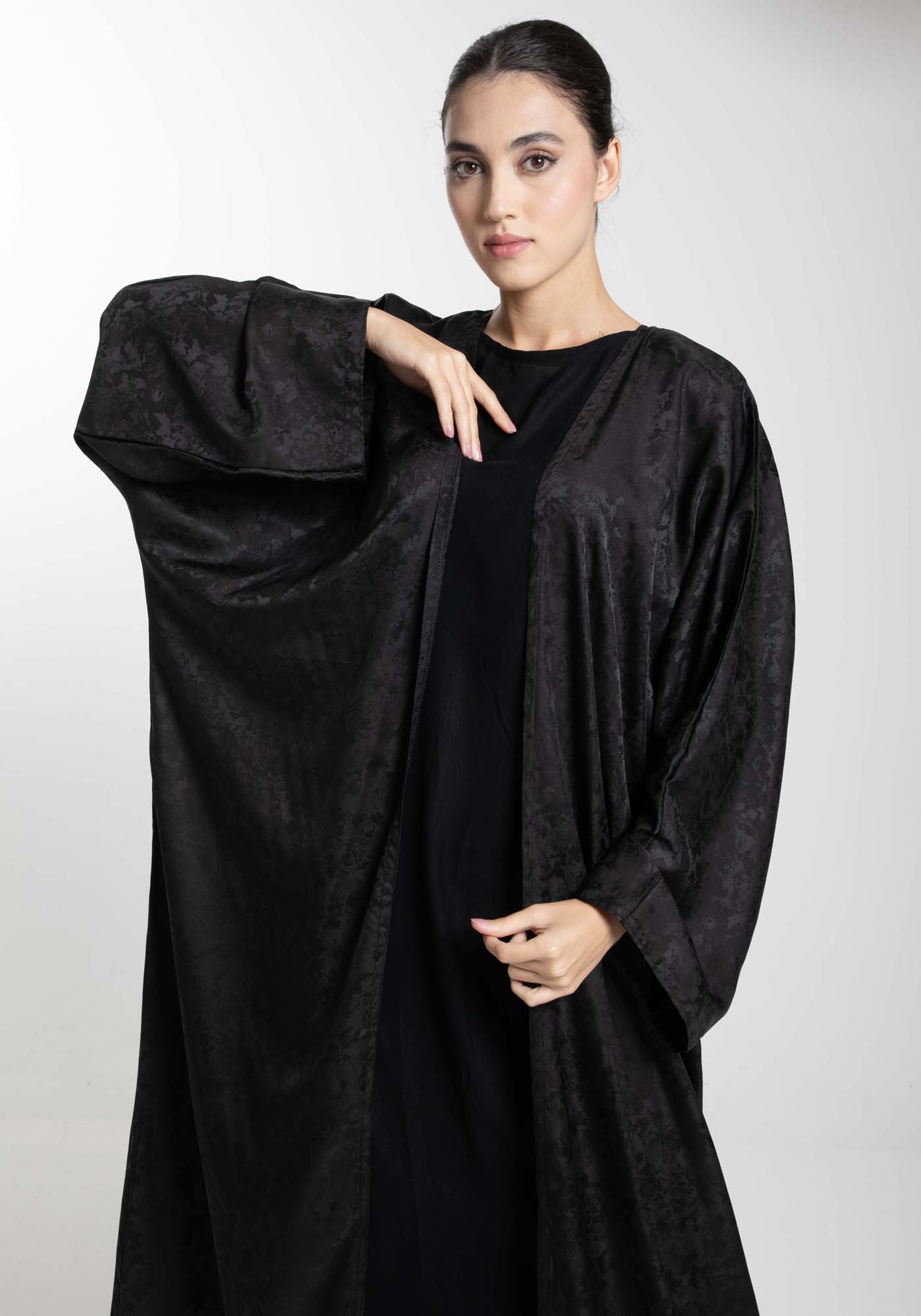 Front Open Black Fukhroo Self Design Abaya