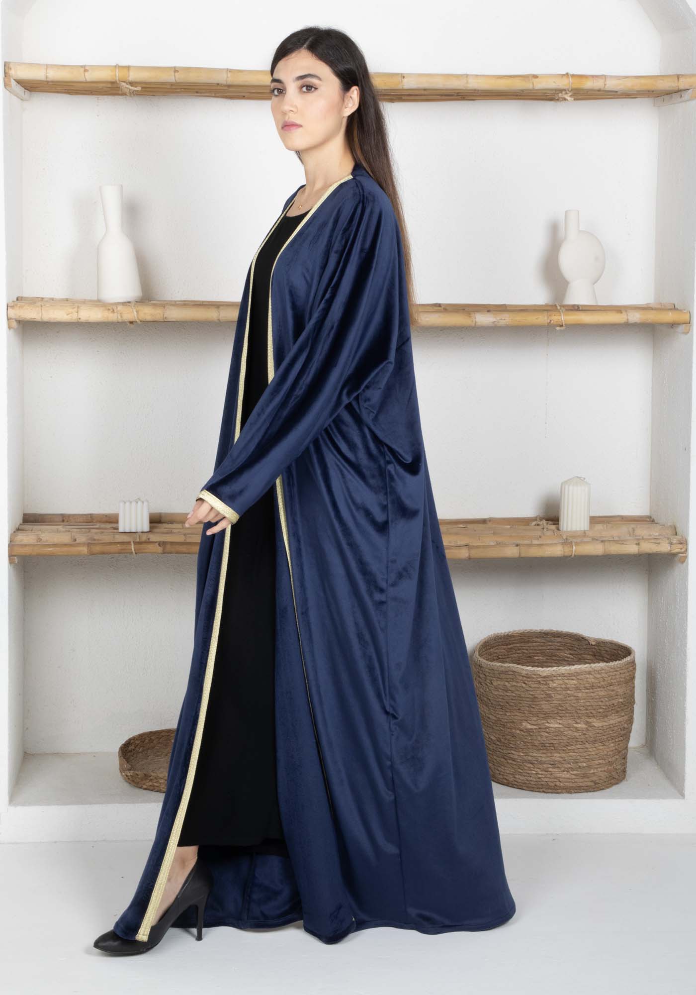 Navy Velvet Abaya with Golden Lace Borders & Matching Headscarf – Perfect for Winter