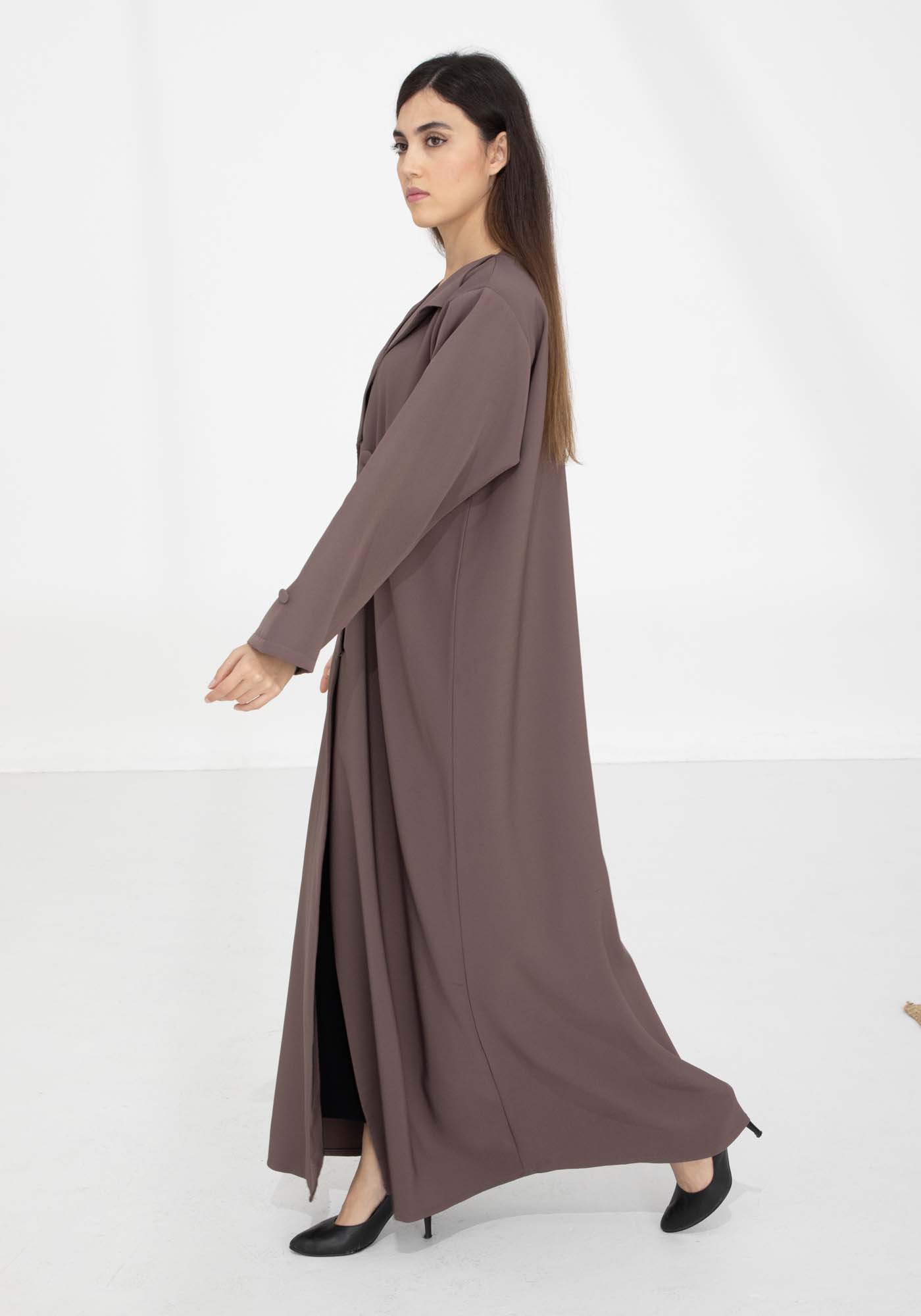 Brown Barbie Crepe Abaya with Lapel Collar and Button Detailing