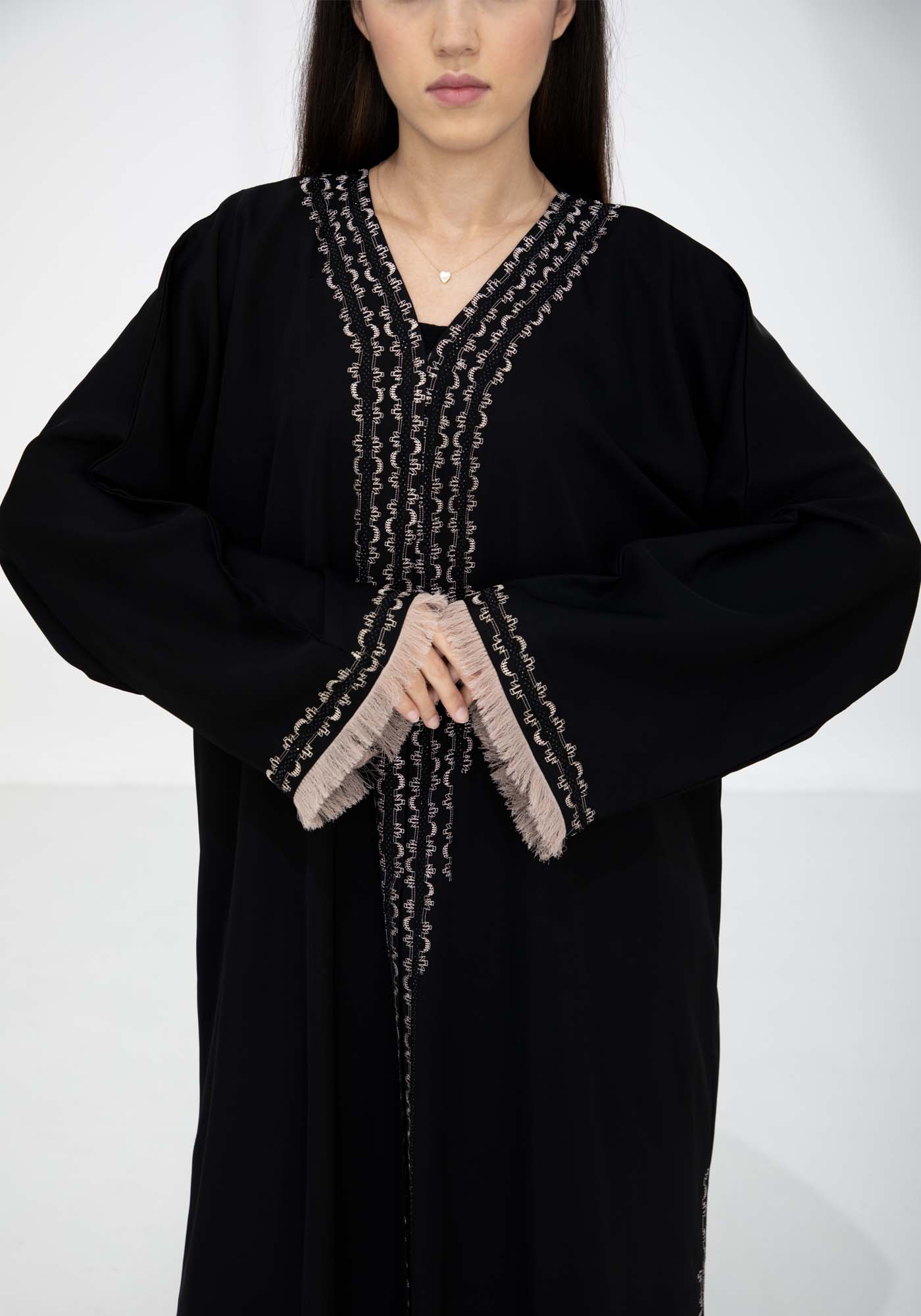 Black Nida Abaya with Contrast Threadwork & Plan Black Headscarf