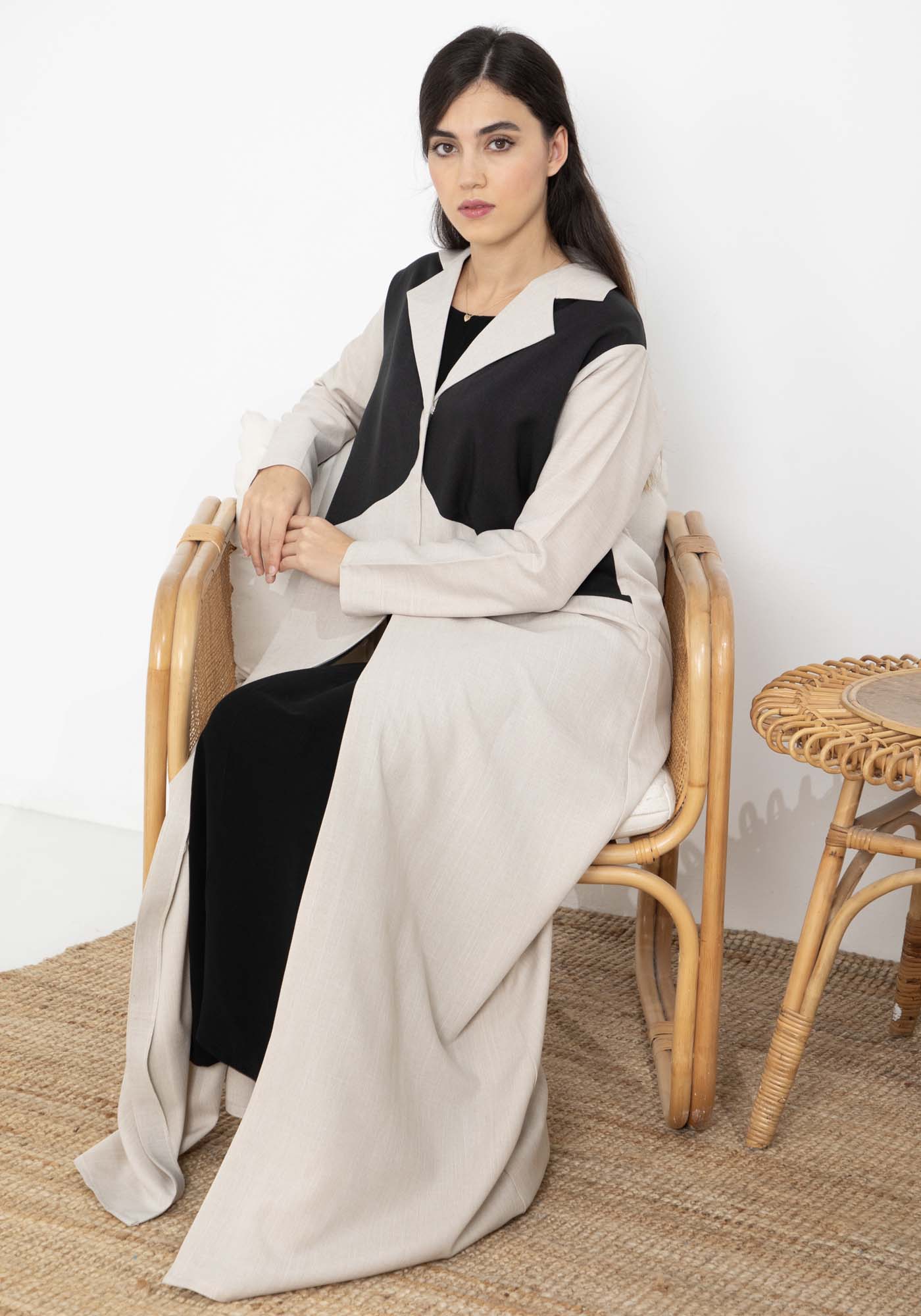 Beige and Black Color Block Lapel Abaya in Mélange Fabric