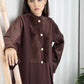 Brown Round Neck Nida and Velvet Abaya with Front Button Detailing