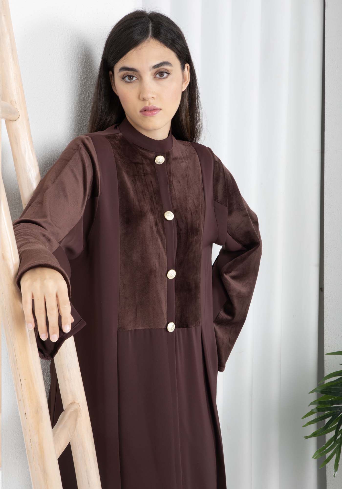 Brown Round Neck Nida and Velvet Abaya with Front Button Detailing