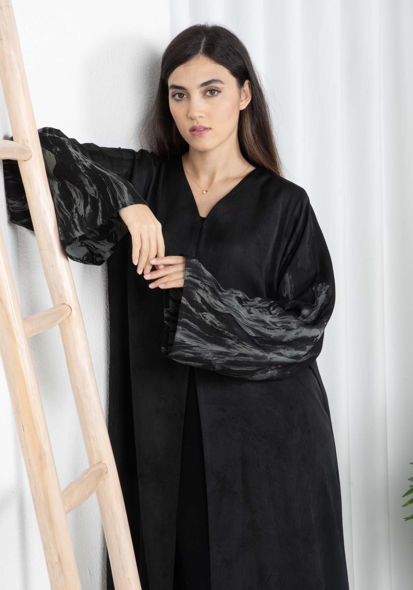 Black Self-Print Abaya with Sheila