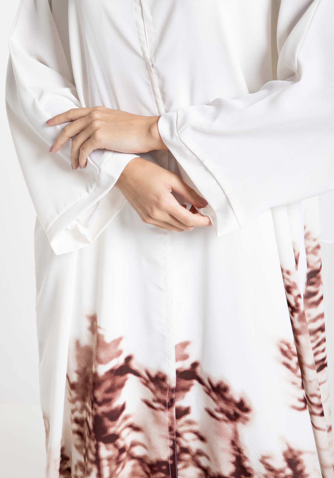 Self-Printed Abaya in White and Brown with Tree Shades