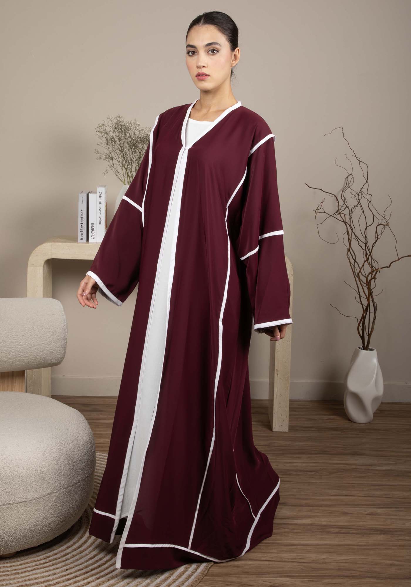 Elegant Front Open Maroon Nida Abaya with White Contrast Piping