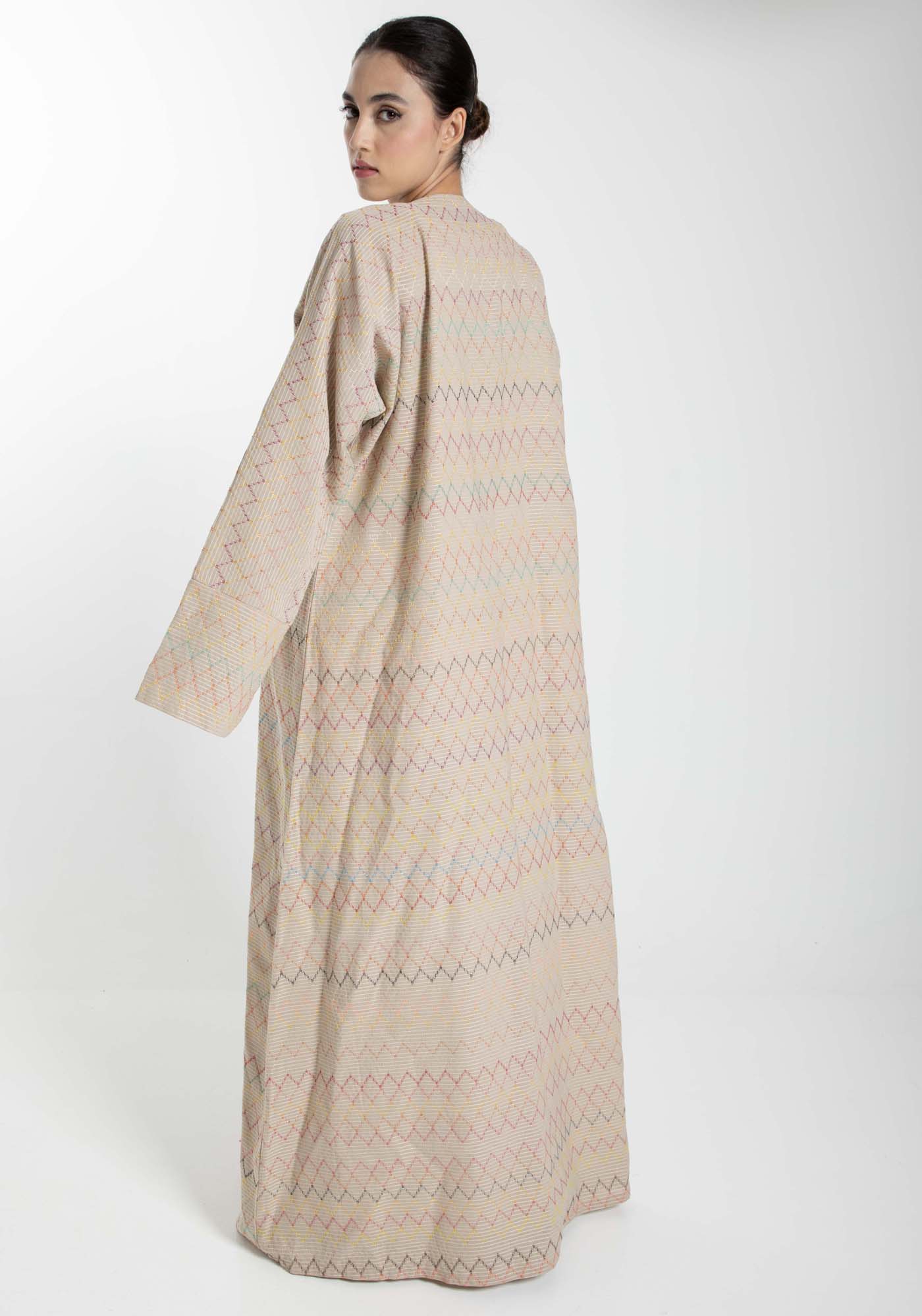 Front Open  Multicolor Thread Linen Beige Abaya