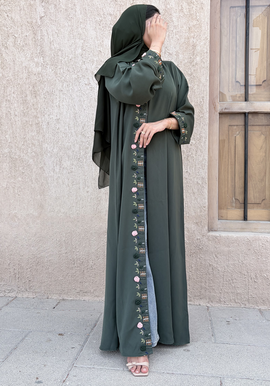 Hand-Embroidered Green Barbie Crepe Abaya with Headscarf | Made in UAE