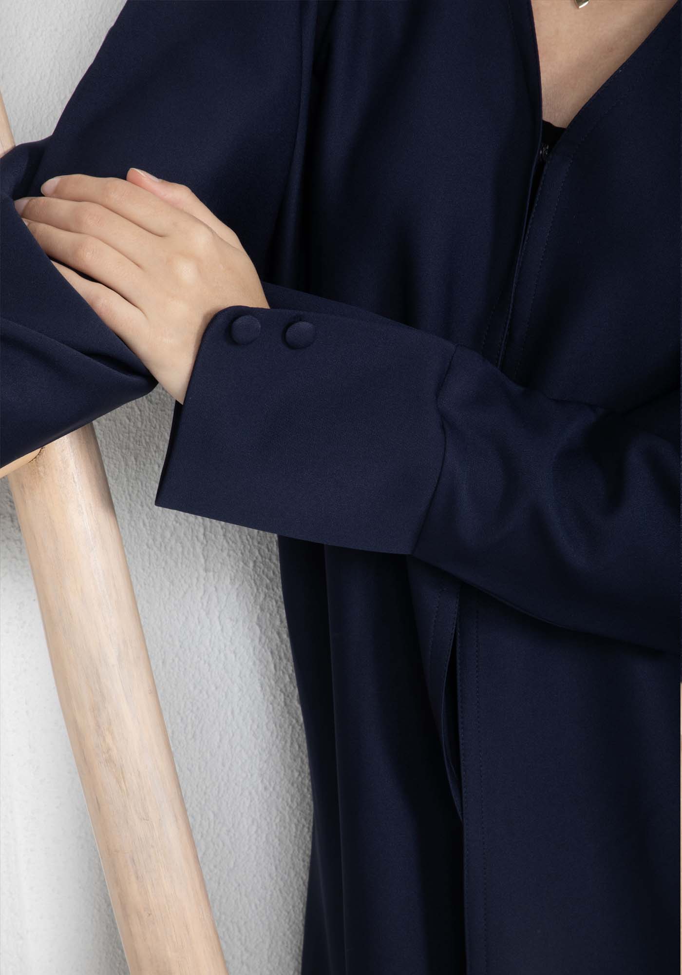 Navy Barbie Crepe Abaya with Open Cuffs and Matching Fabric Buttons