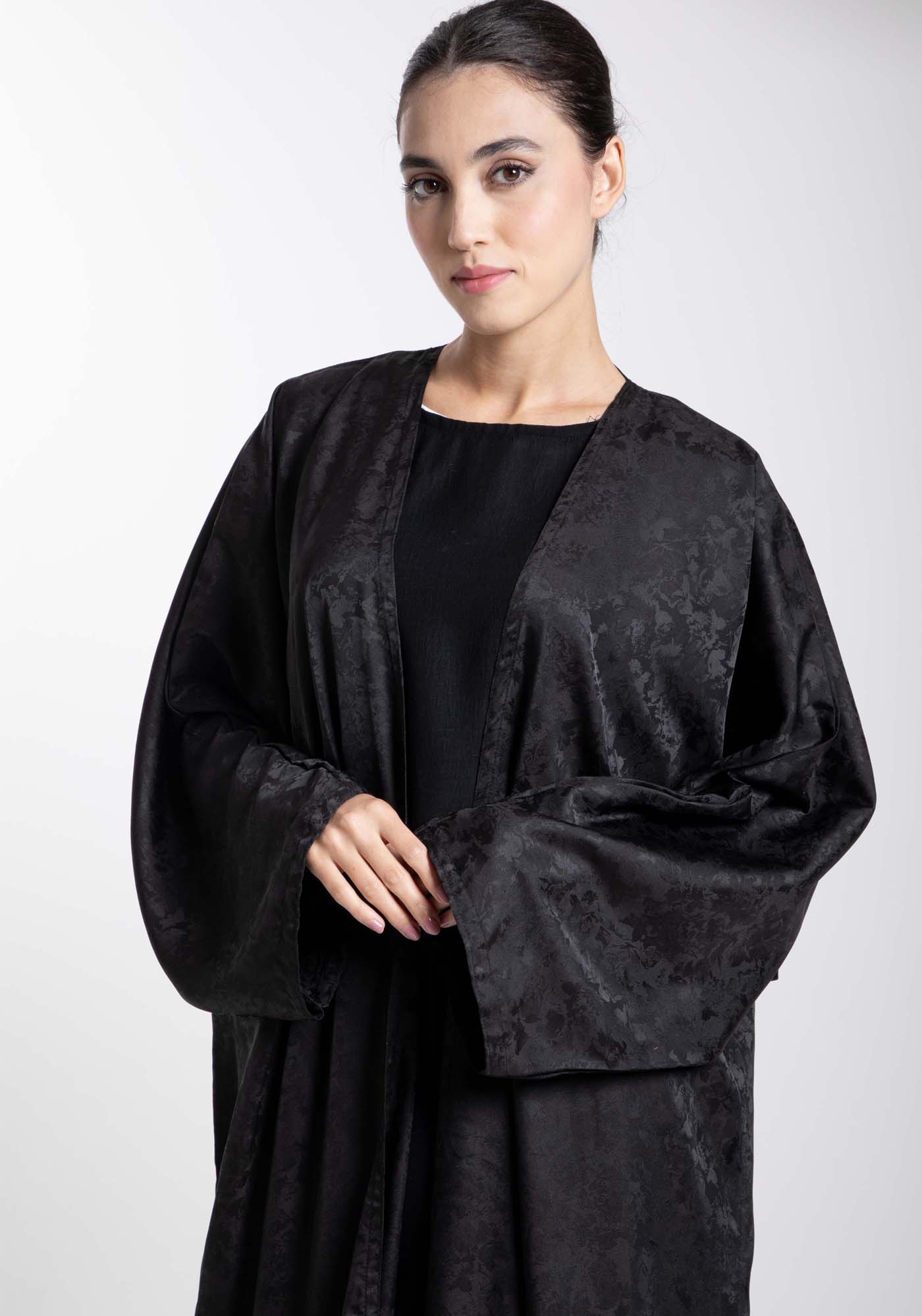 Front Open Black Fukhroo Self Design Abaya