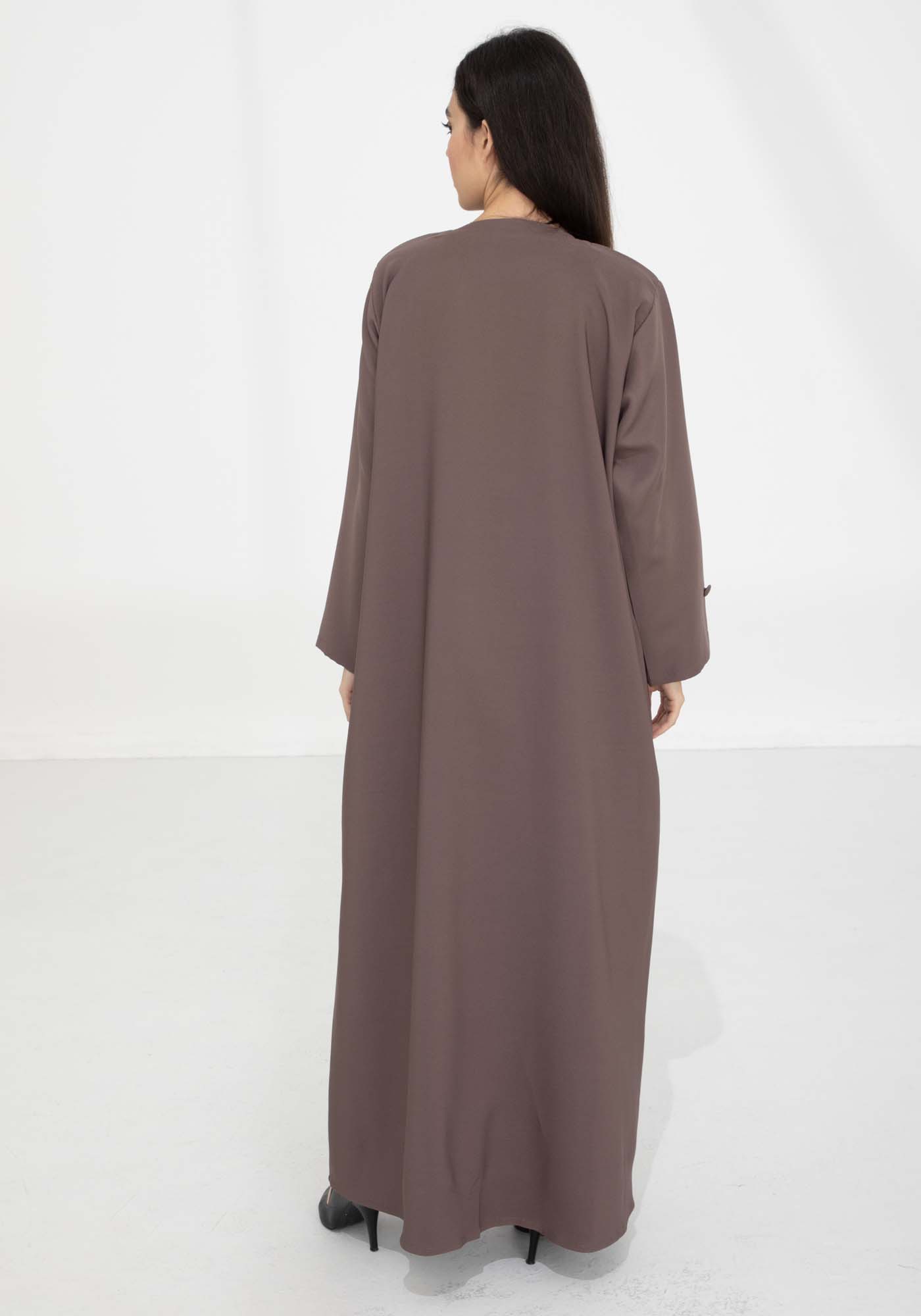 Brown Barbie Crepe Abaya with Lapel Collar and Button Detailing