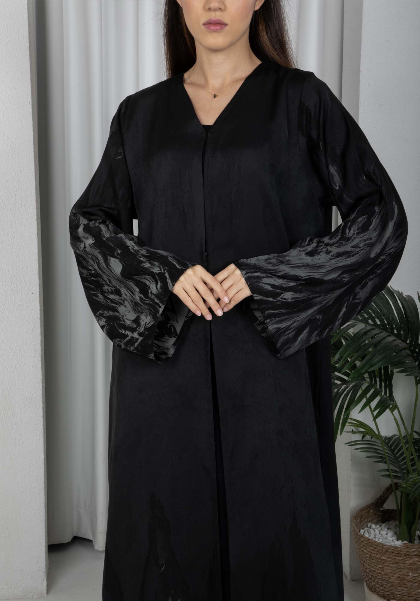 Black Self-Print Abaya with Sheila