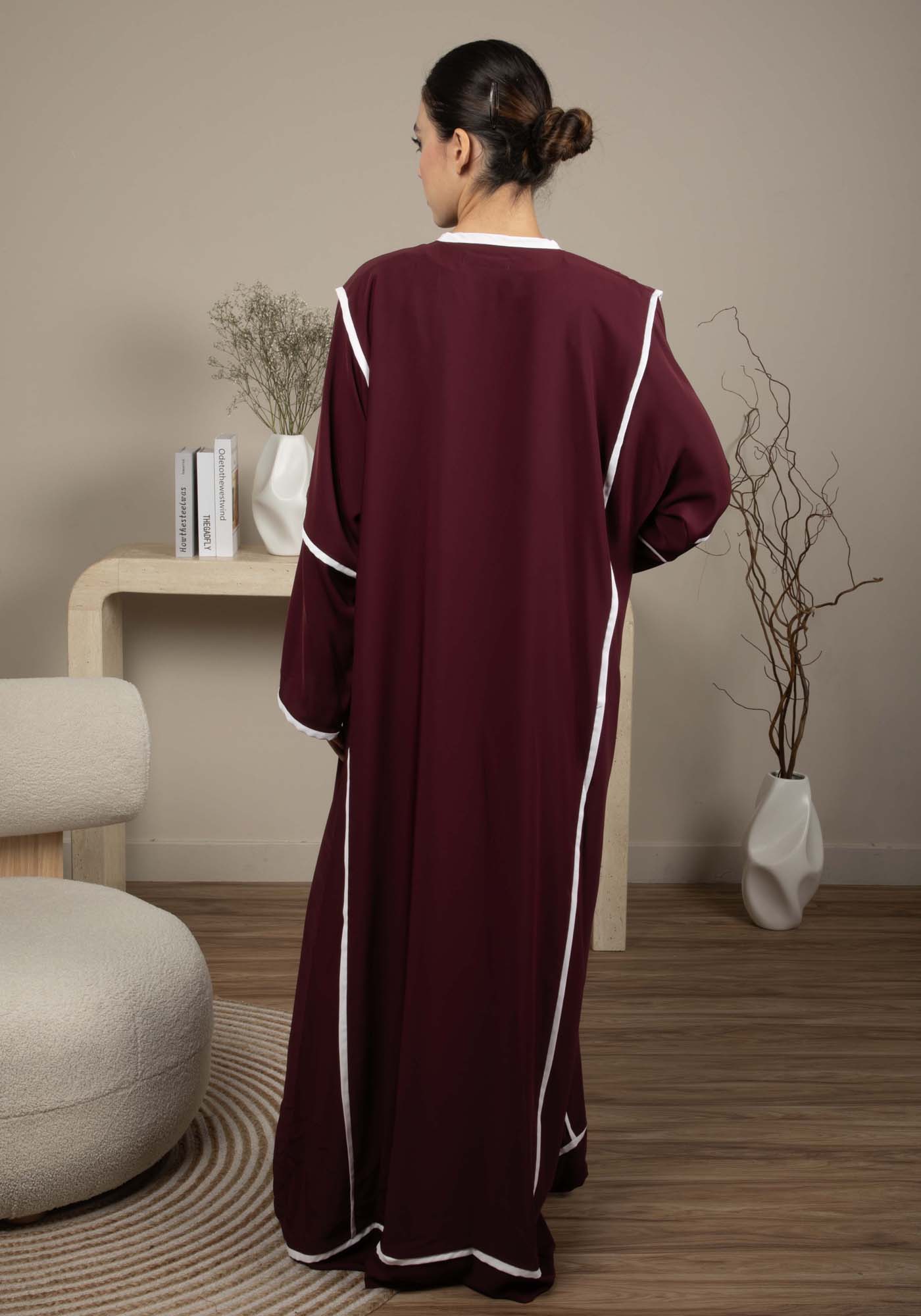 Elegant Front Open Maroon Nida Abaya with White Contrast Piping